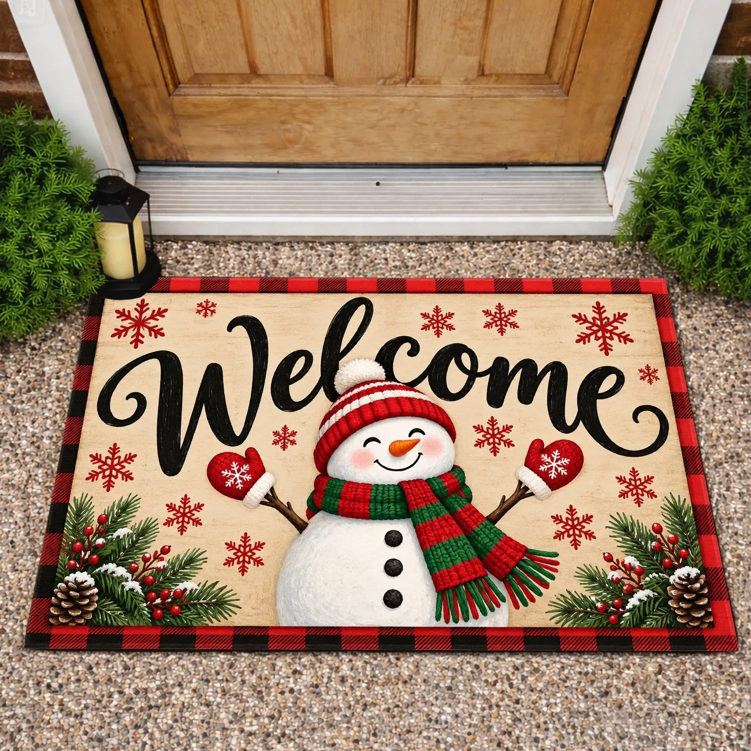 Snowman Welcome and Buffalo Check Christmas Cheer for Cozy Winter Holiday Gatherings Doormat - 1