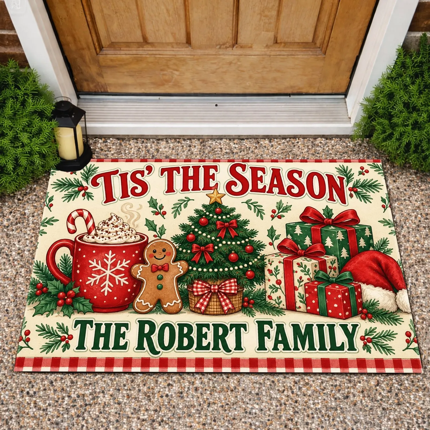 Christmas Cocoa, Tree And Gifts For Robert Family Holiday Home Gatherings Doormat - 1