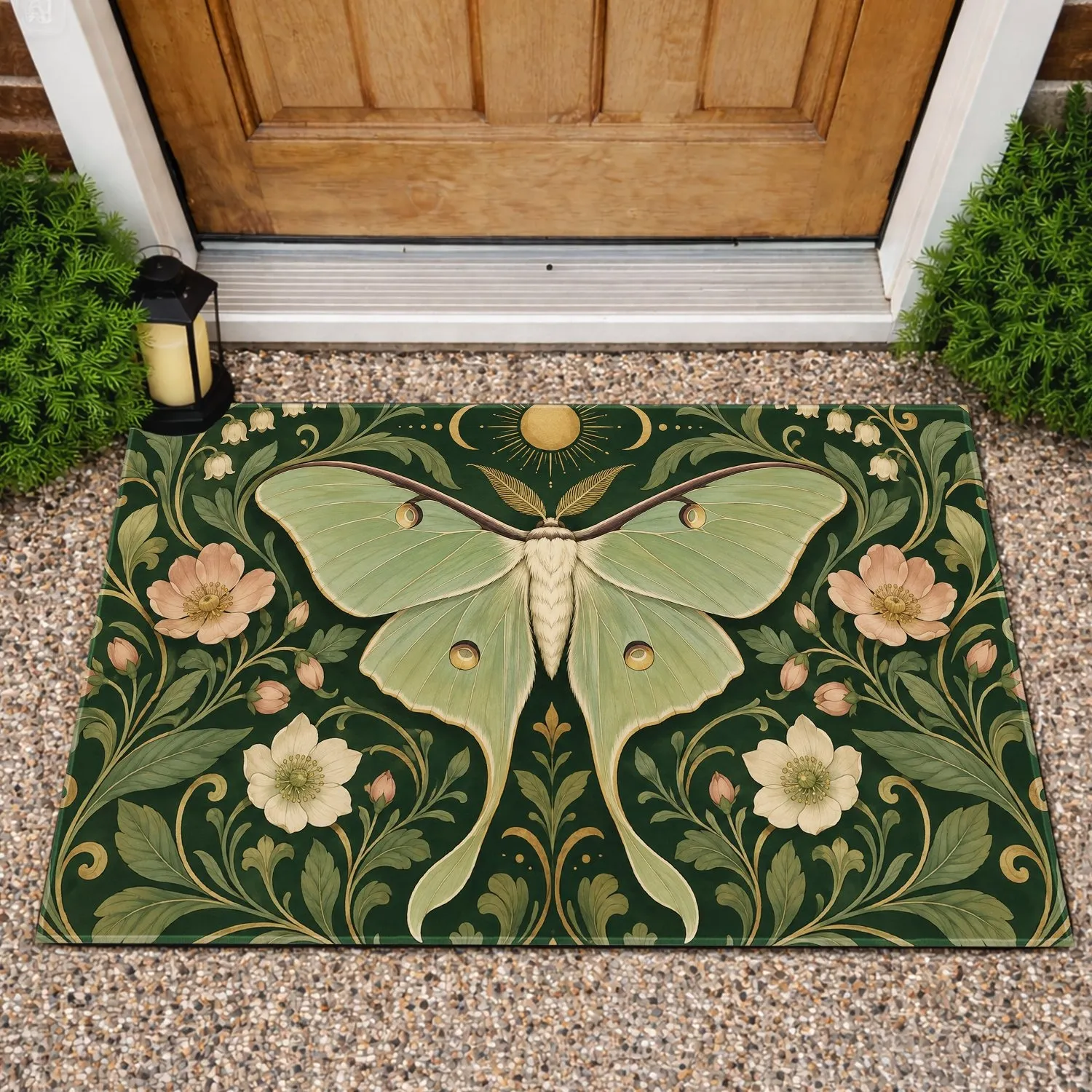 Luna Moth And Blush Florals For A Nature Inspired Entryway, Botanical Style Doormat - 1