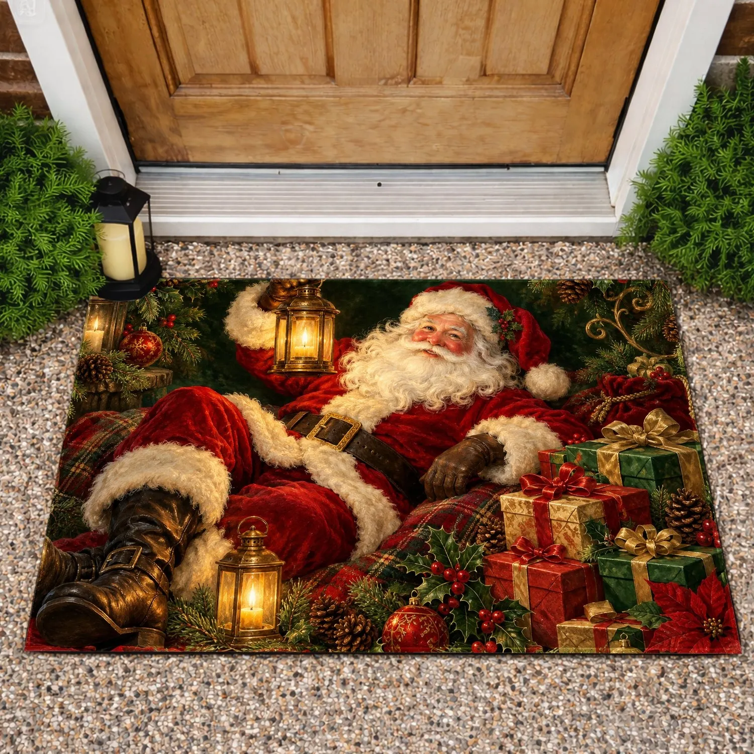 Vintage Santa Claus With Lantern and Gift Presents for a Classic Christmas Home Celebration Doormat - 1