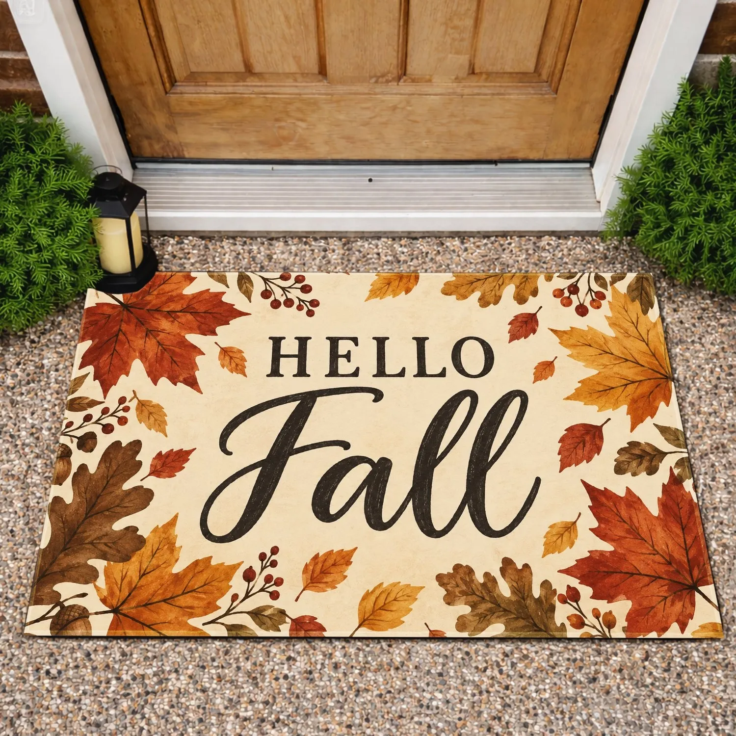 Autumn Leaves And Hello Fall Lettering For Cozy Seasonal Entryway And Home Styling Doormat - 1