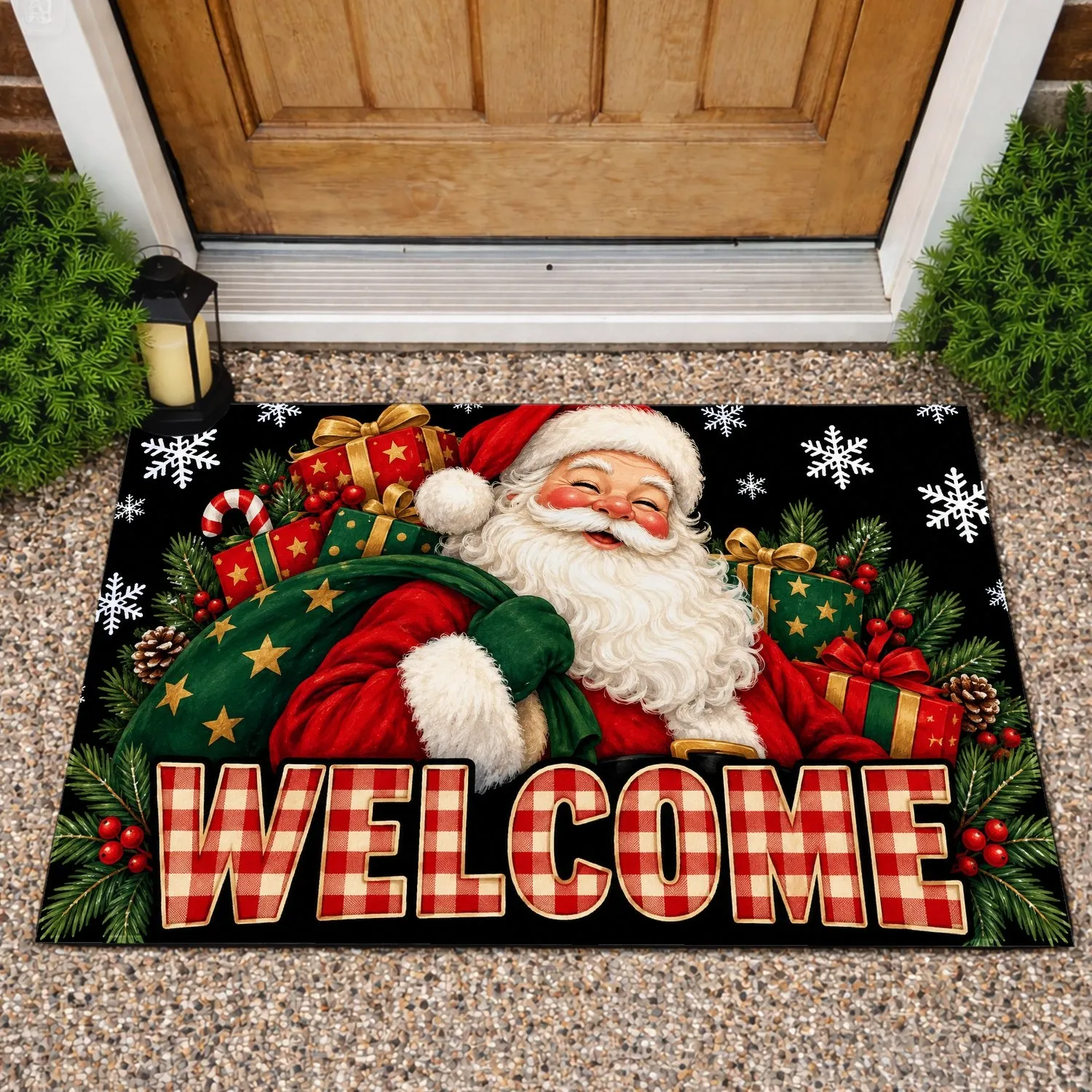 Plaid Santa Claus And Snowflakes For Christmas Holiday Home Entryway Decor Doormat - 1