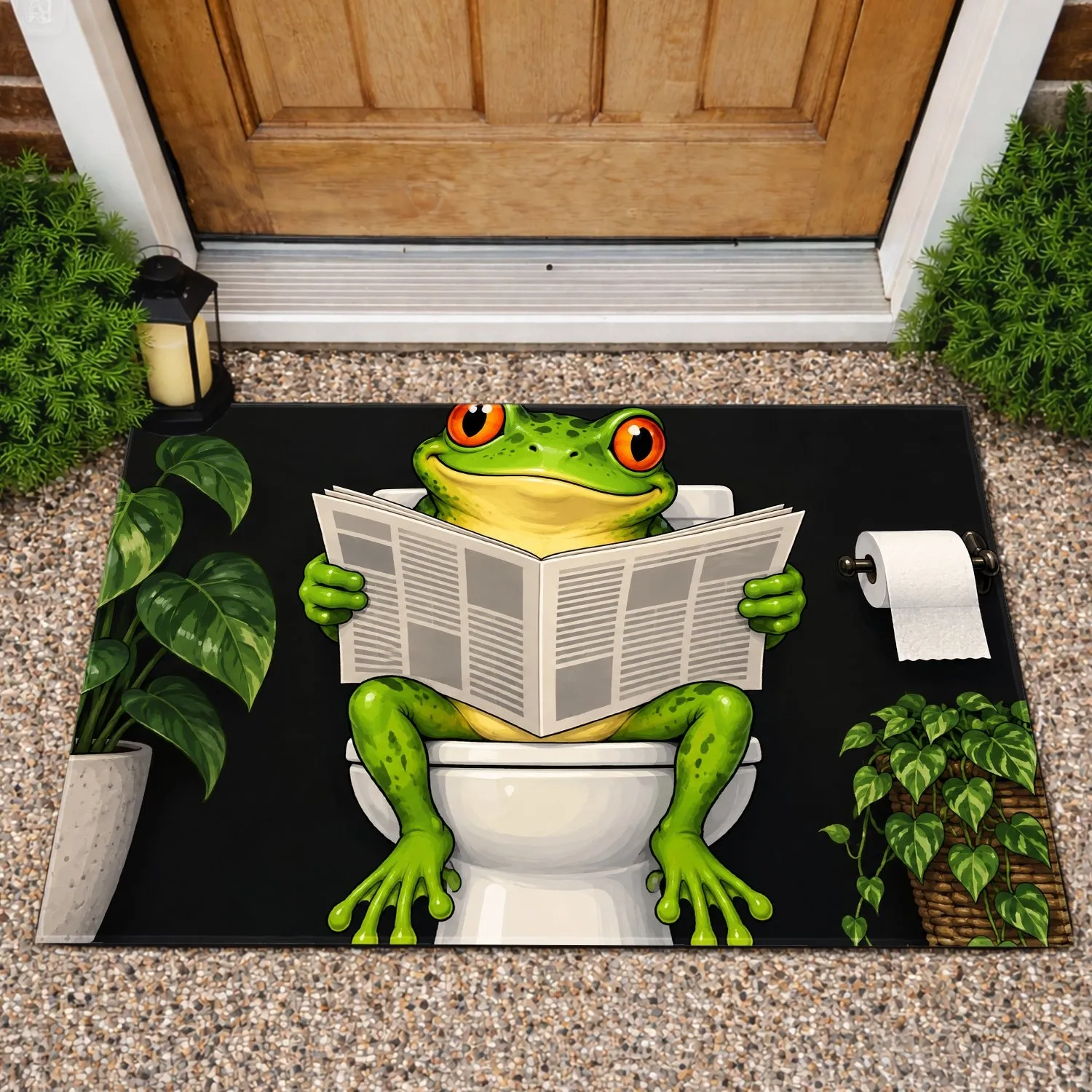 Funny Green Frog Reading a Newspaper on the Toilet for Quirky Bathroom Decorating Doormat - 1