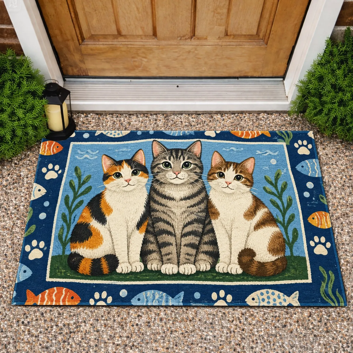 Three Playful Cats with Fish Motifs for Cozy Cat Lover Homes and Pet-Friendly Living Doormat - 1