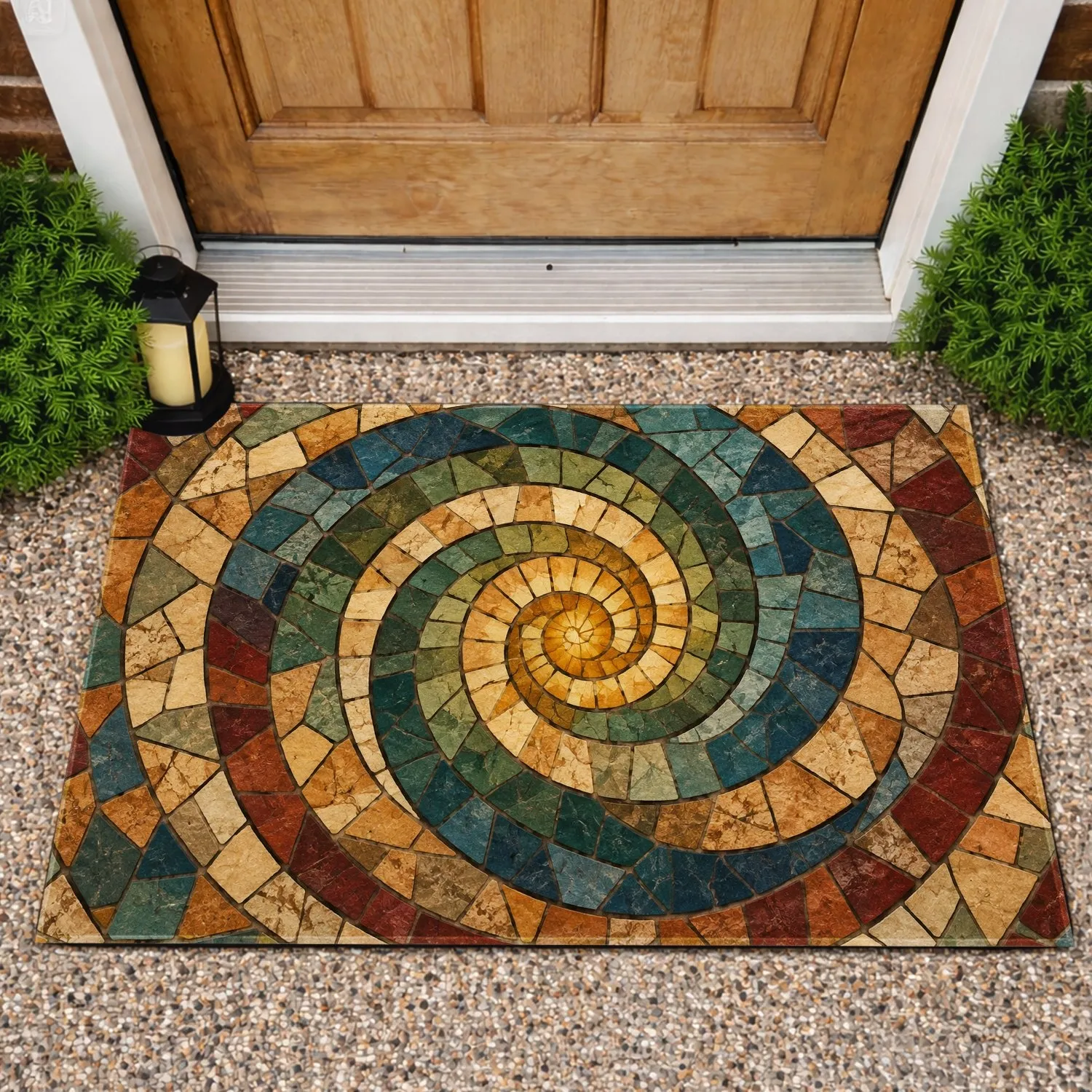 Earth Tone Spiral Mosaic for Boho Entryway Style and Warm Eclectic Home Interiors Doormat - 1