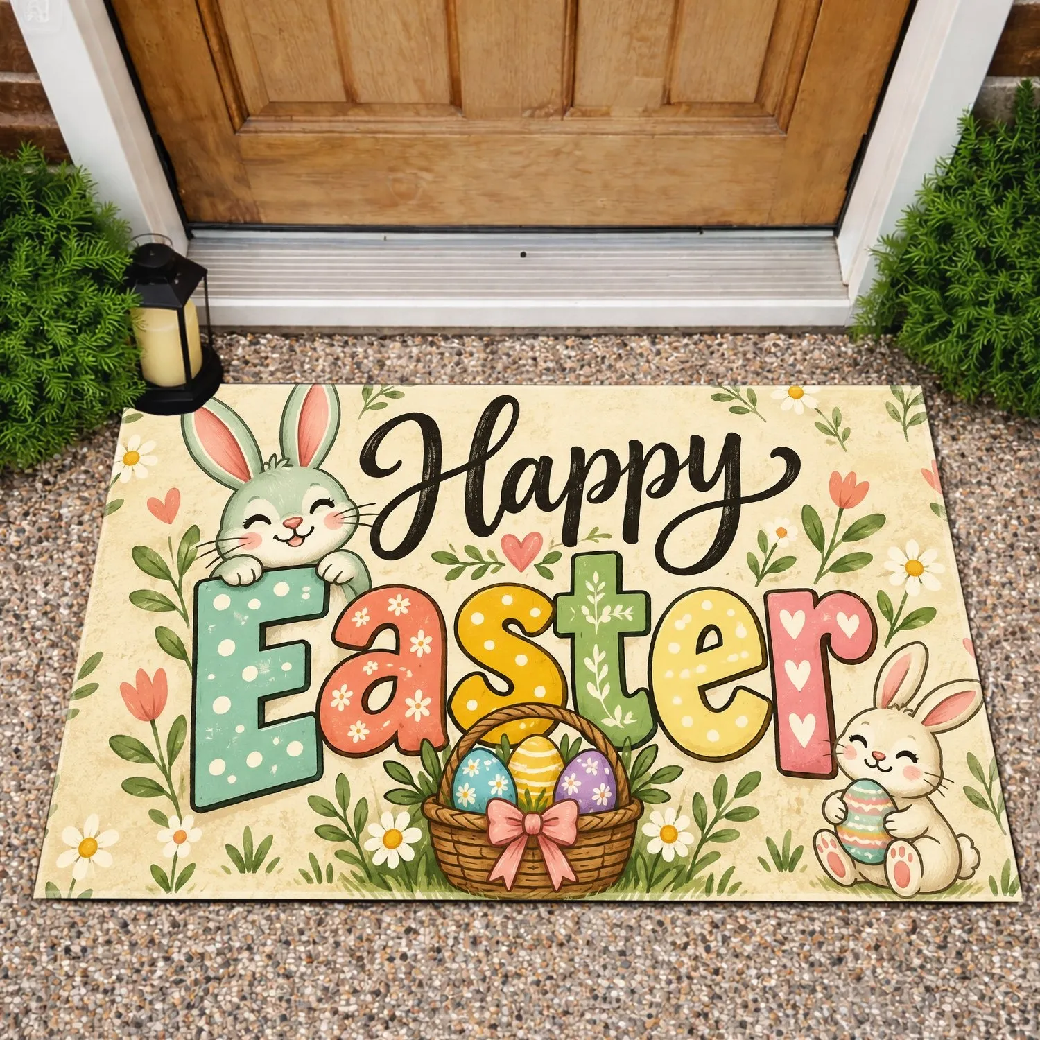 Happy Easter Bunny Lettering for Cheerful Springtime Entryway Celebrations at Home Doormat - 1