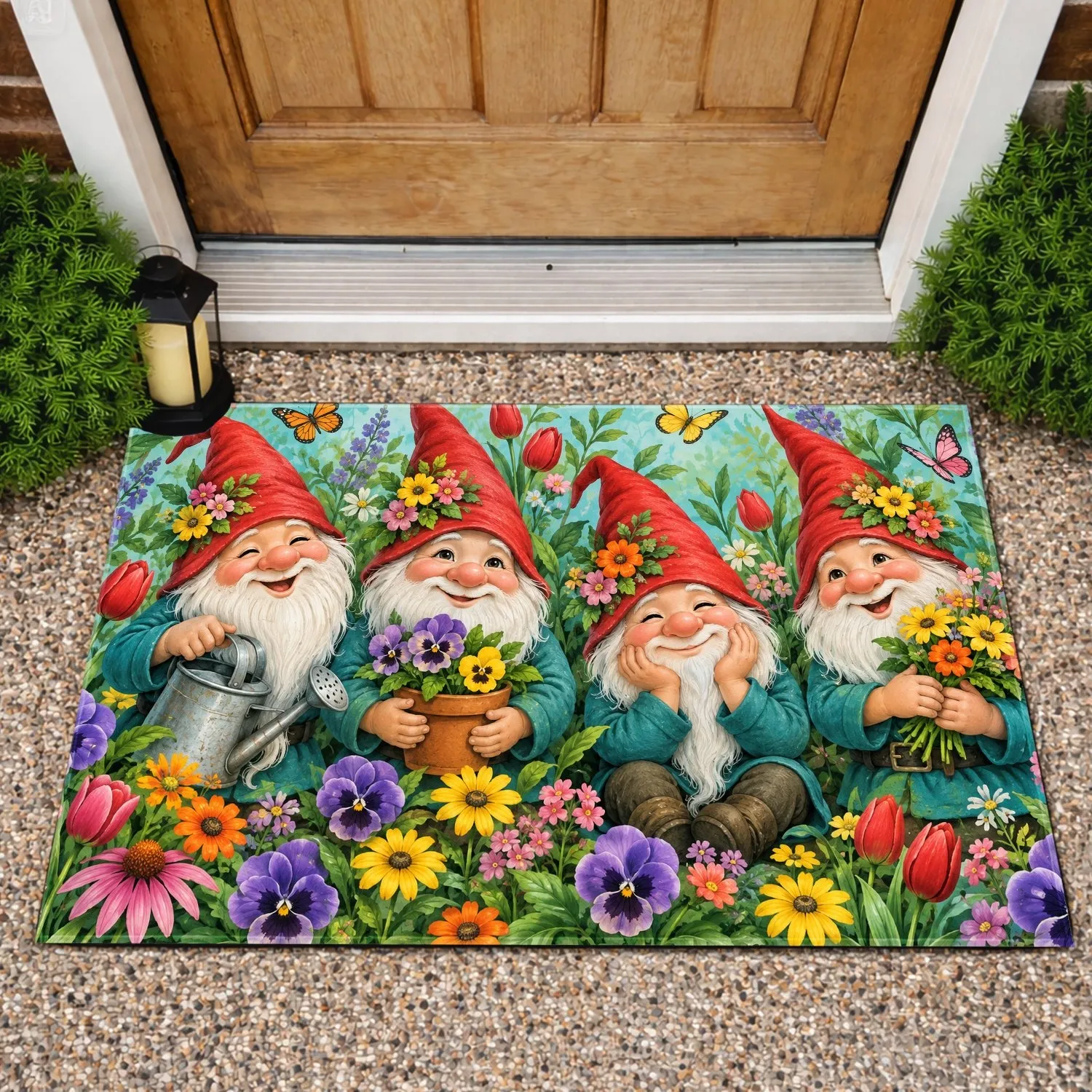 Four Garden Gnomes Among Colorful Flowers for Whimsical Cottage Entryway Cheer Doormat - 1