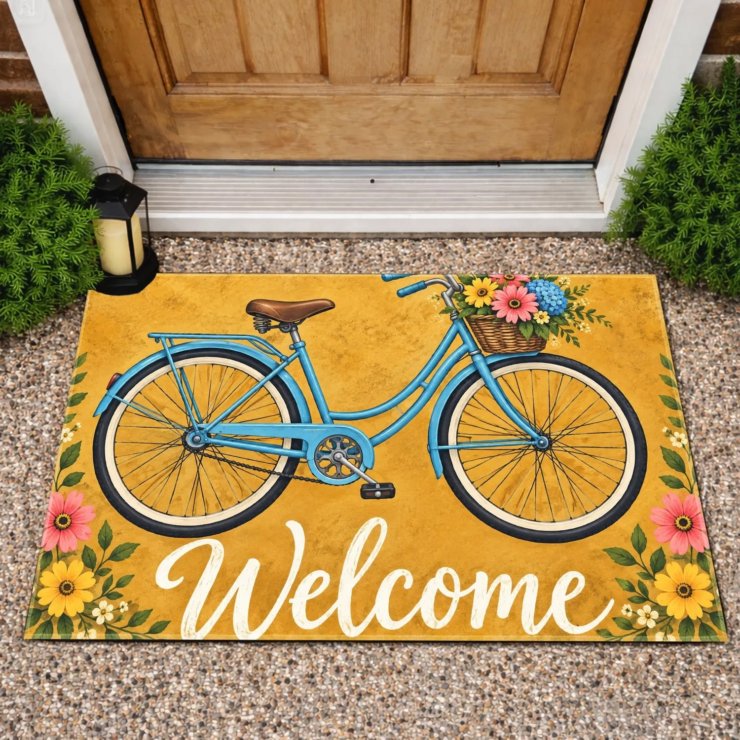 Blue Bicycle Welcome With Flower Basket for Cheerful Everyday Home Entryways and Cyclists Doormat - 1