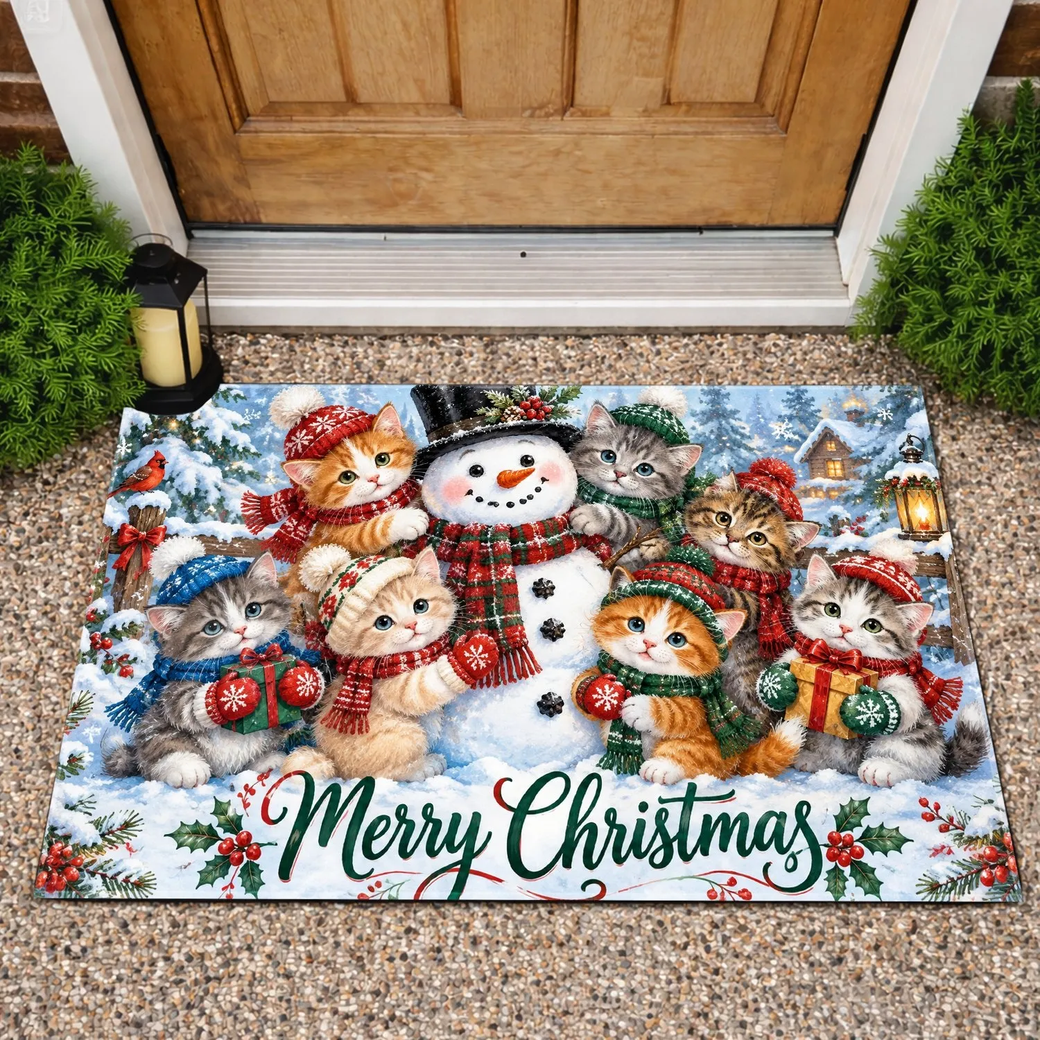 Charming Christmas Kittens and Snowman for a Cozy Holiday Welcome at Home This Winter Doormat - 1