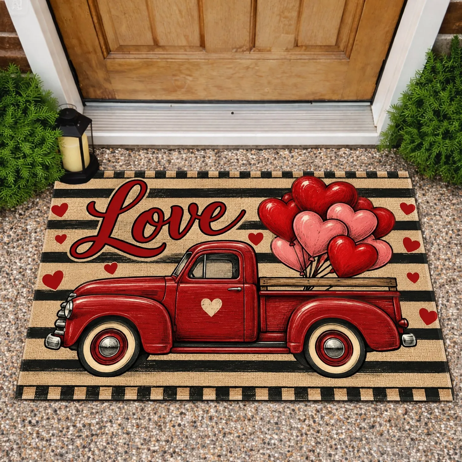 Red Vintage Pickup With Heart Balloons for Valentine's Day and Romantic Home Decor Doormat - 1