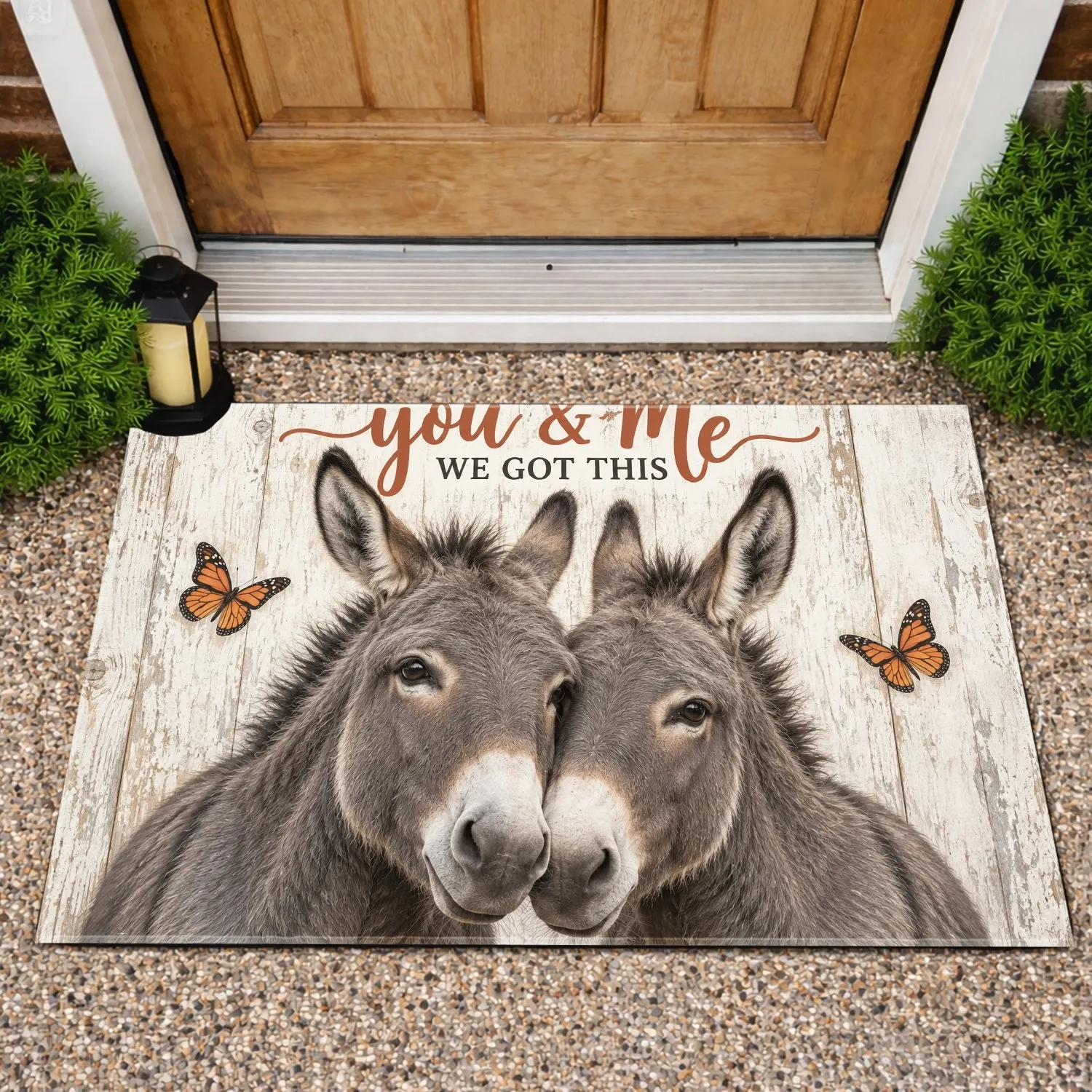 Donkey Pair and Orange Butterflies for Cozy Homes and Encouraging Everyday Moments Doormat - 1