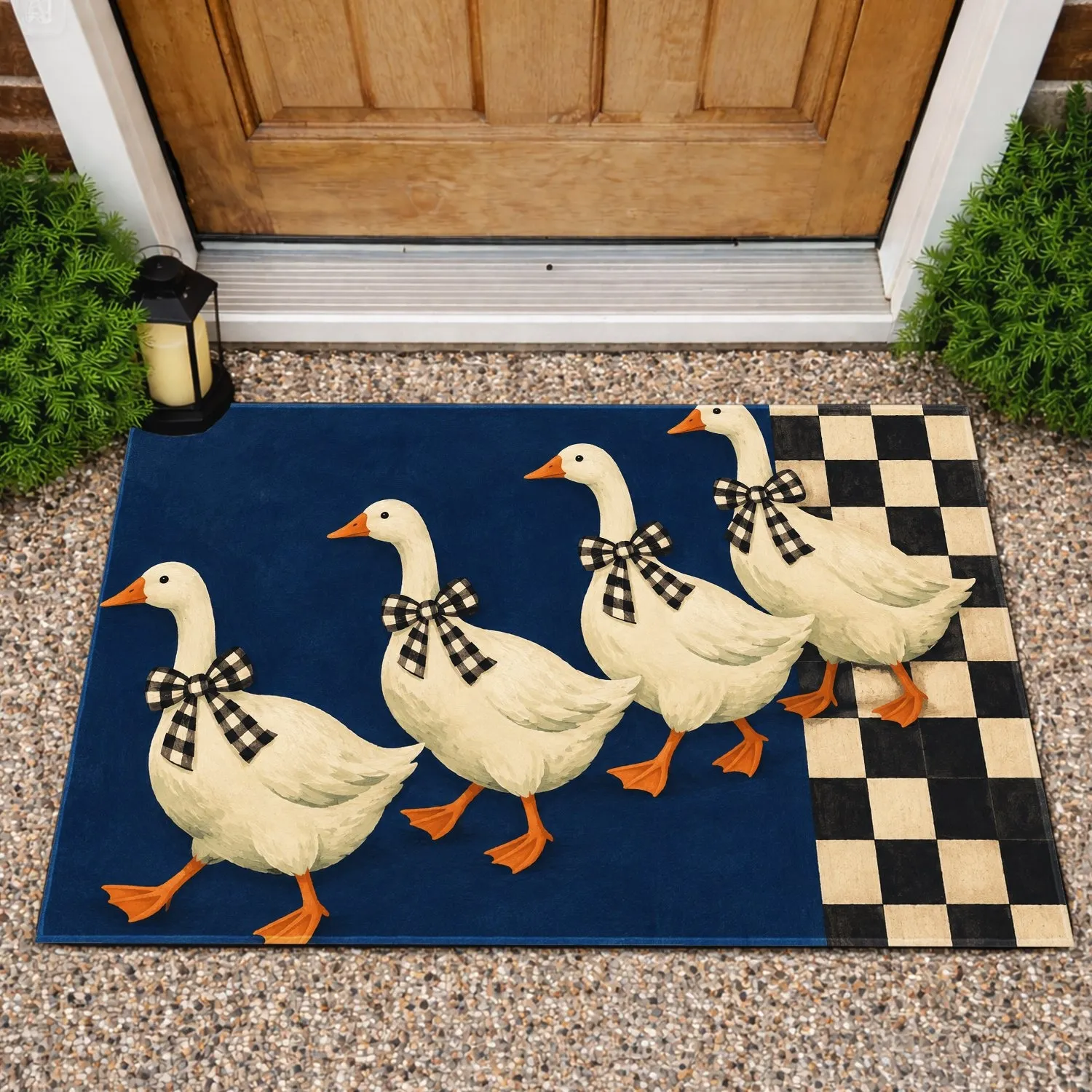 Four Cute Geese with Checkered Bows for Charming Farmhouse Animal Decor Lovers Doormat - 1