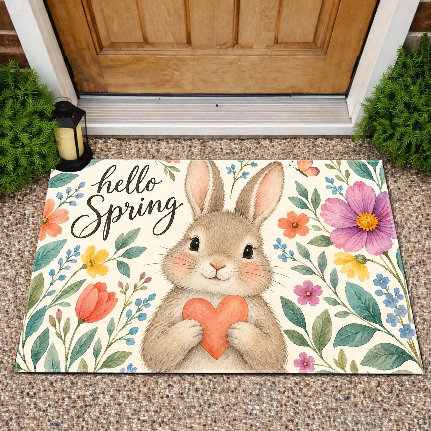 Cute Rabbit and Wildflower Hello Spring Greeting for a Cheerful Seasonal Home Entryway Doormat - 1