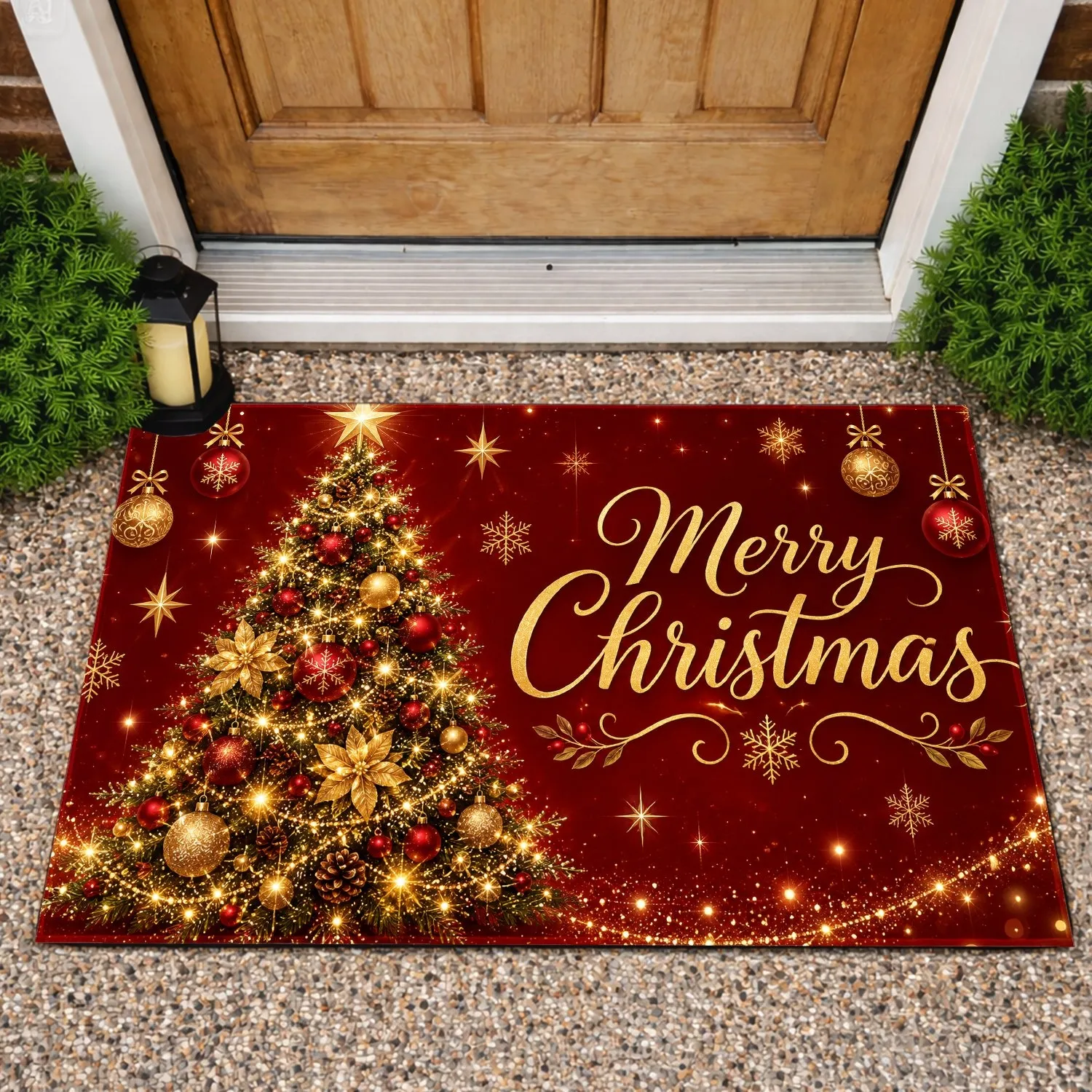 Golden Christmas Tree and Starry Lights for Festive Holiday Entryway Seasonal Cheer Doormat - 1