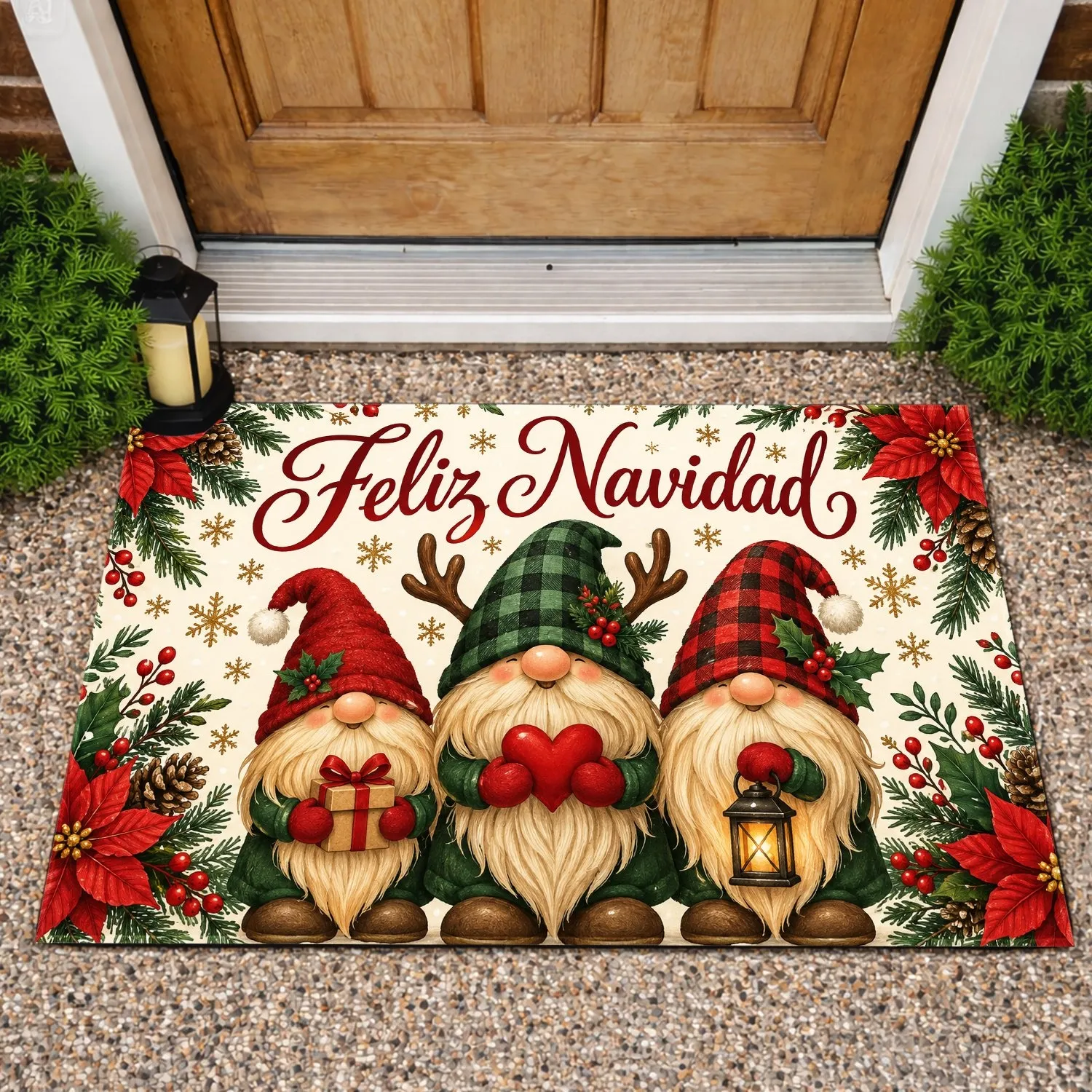 Three Christmas Gnomes in Plaid Hats for Feliz Navidad Holiday Gathering Cheer Doormat - 1