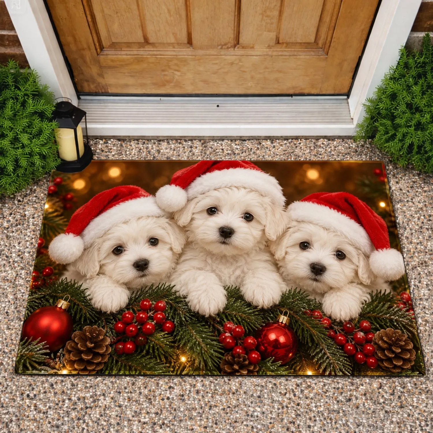 Three Santa Hat Puppies With Berries for Cozy Christmas Holiday Cheer Doormat - 1