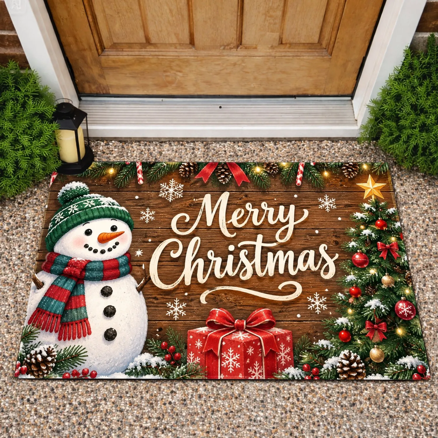 Snowman and Merry Christmas Rustic Holiday Scene for a Cheerful Seasonal Entryway Doormat - 1