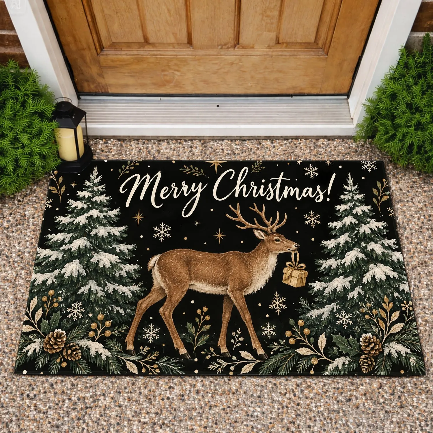 Rustic Reindeer And Snowy Pine Trees For A Cozy Christmas Holiday Celebration Doormat - 1