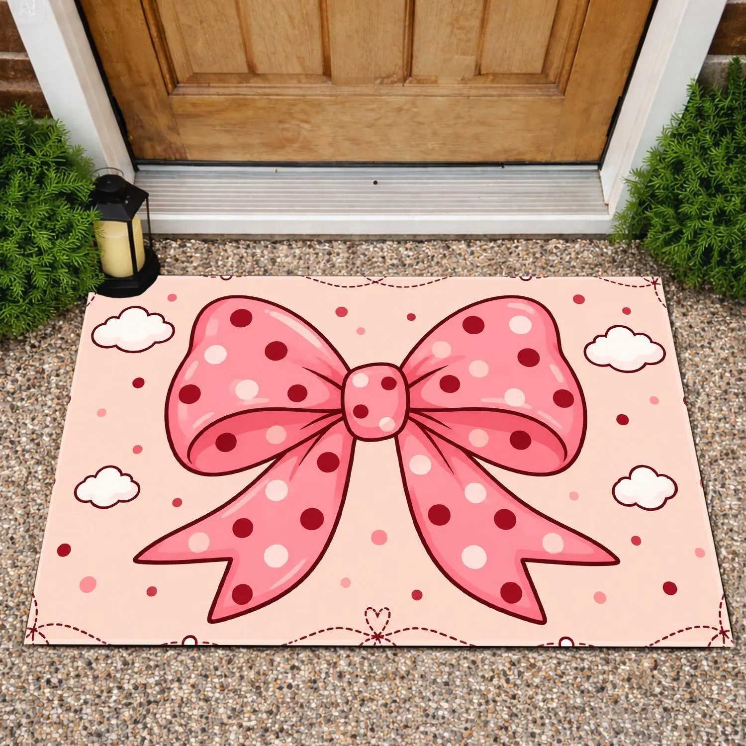 Pink Polka Dot Bow for Sweet Cottage Style Entryways and Cheerful Everyday Home Decor Doormat - 1