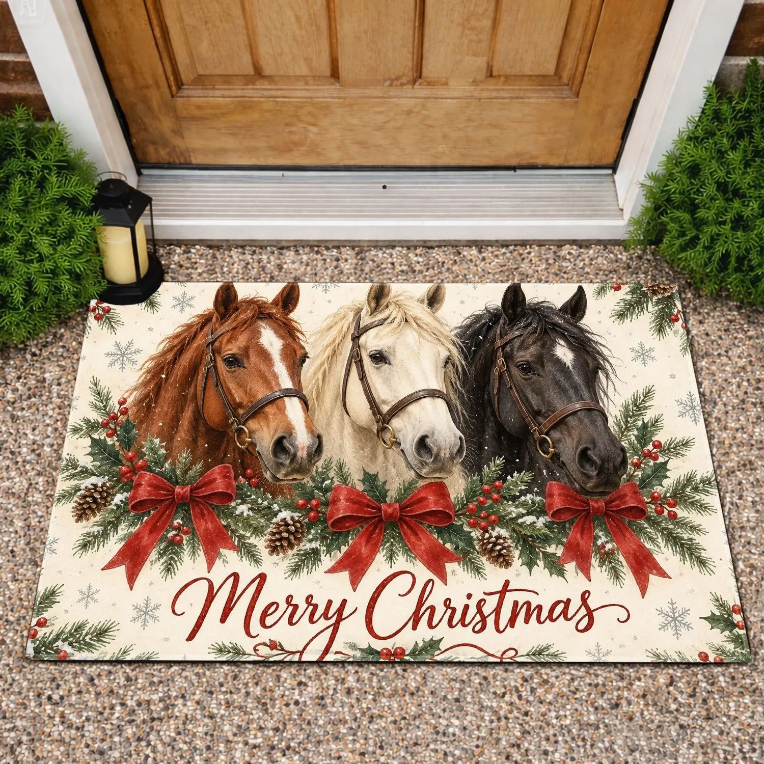 Three Christmas Horses With Holly for a Festive Home, A Gift for Horse Lovers Doormat - 1