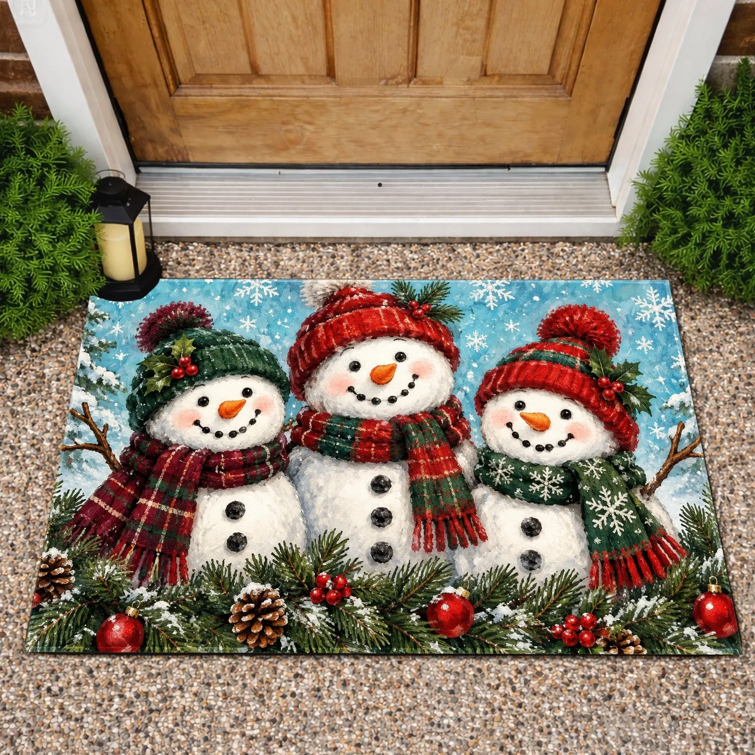 Three Snowmen with Pine and Berries for Cozy Christmas Entryway Holiday Cheer Doormat - 1