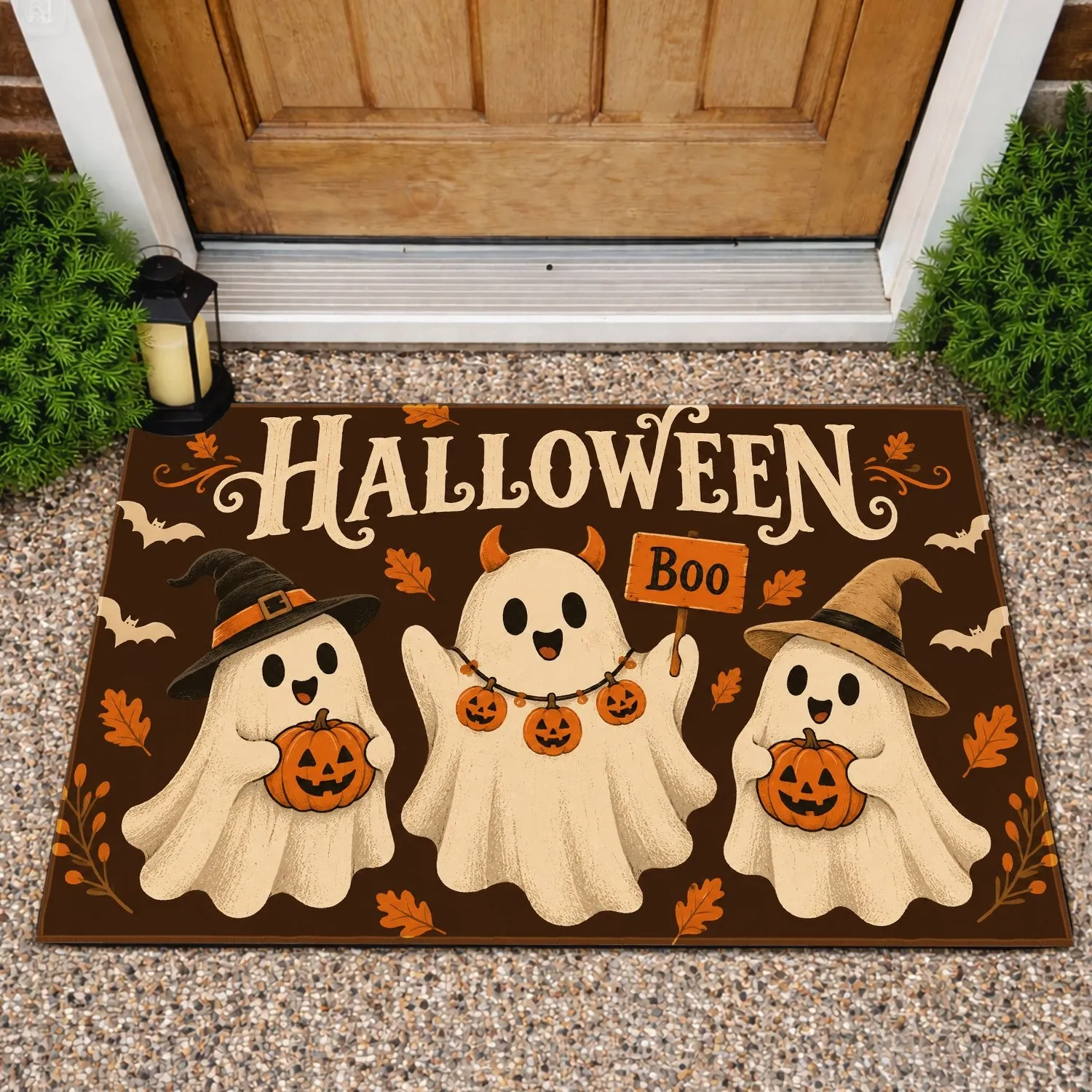 Three Cute Halloween Ghosts With Witch Hats For A Festive Spooky Season Doormat - 1