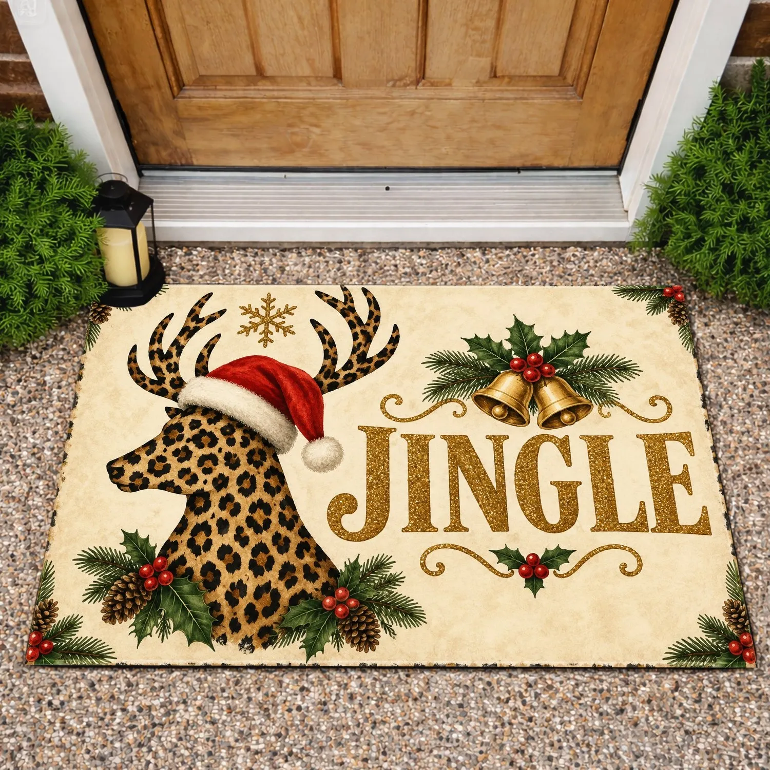 Leopard Reindeer Jingle Holiday Cheer for Festive Christmas Entryways Doormat - 1