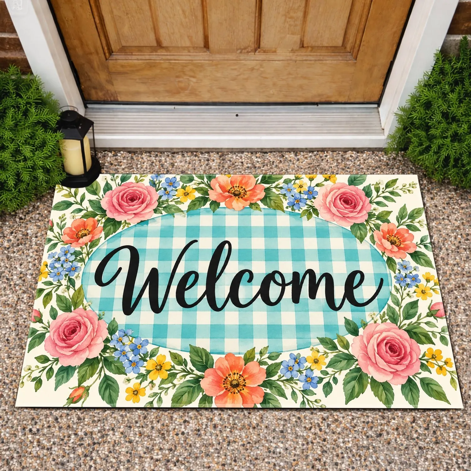 Teal Gingham Welcome With Watercolor Blooms for Cheerful Farmhouse Entryway Decor Doormat - 1