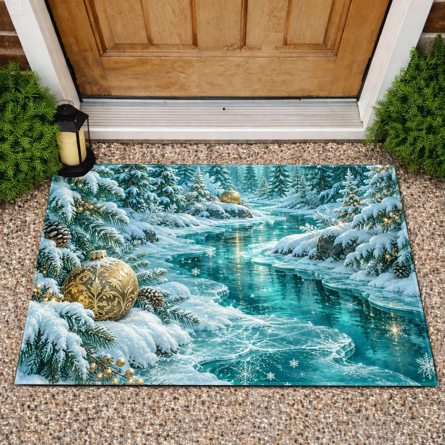 Turquoise Winter Forest Snow Scene With Gold Ornaments For A Magical Christmas Home Doormat - 1