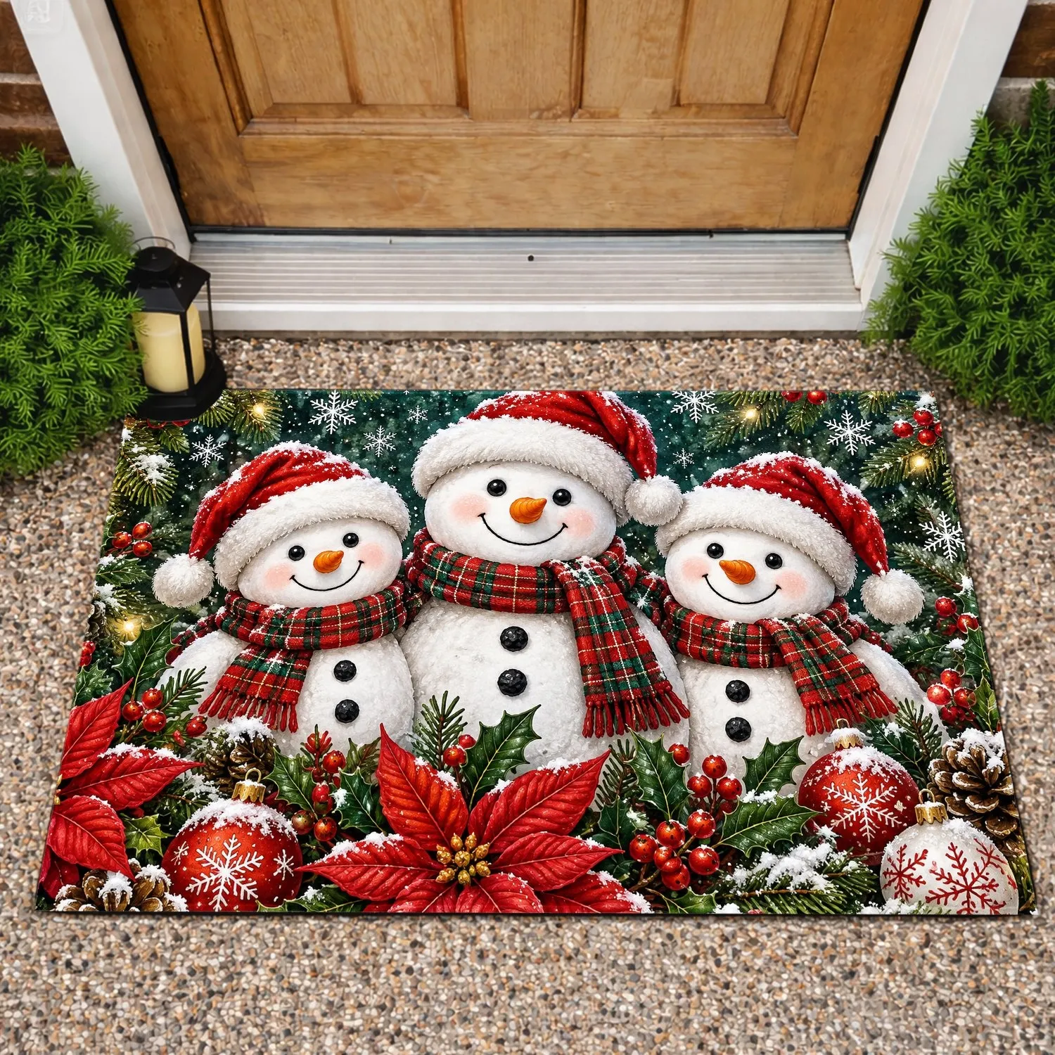 Three Snowmen with Poinsettias for a Cozy Christmas Holiday Home Entryway Cheer Doormat - 1