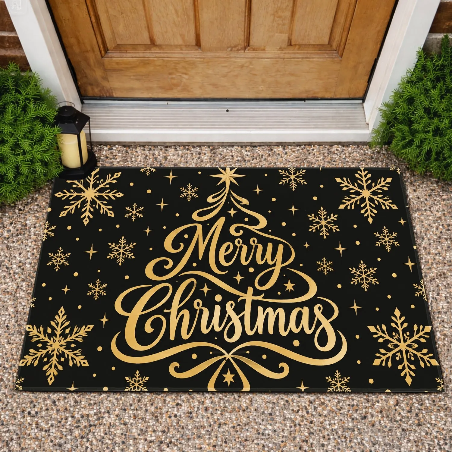 Gold Snowflake Merry Christmas Tree For Festive Holiday Home Decor Doormat - 1