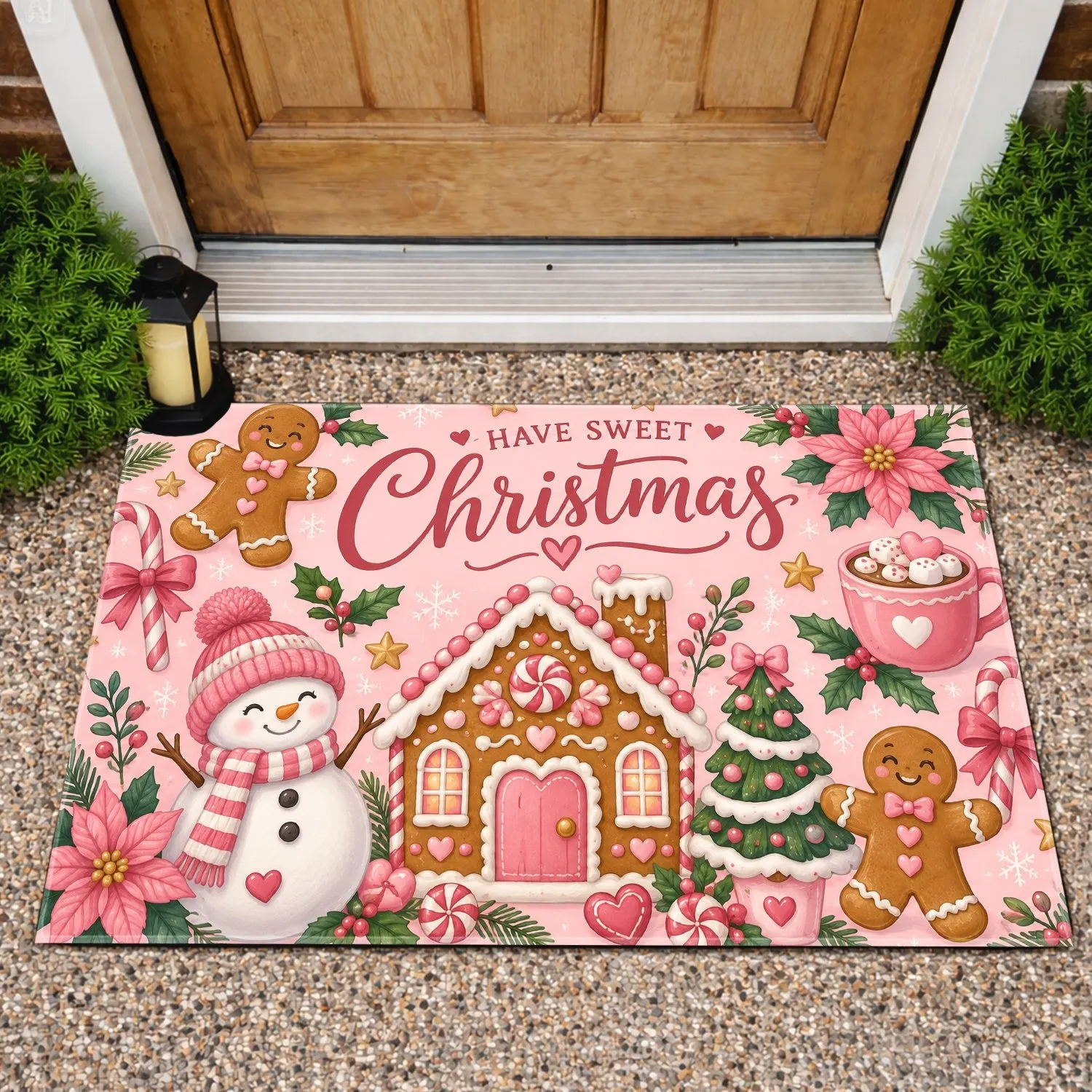 Pink Christmas Gingerbread House and Snowman Holiday Cheer for Cozy Seasonal Homes Doormat - 1