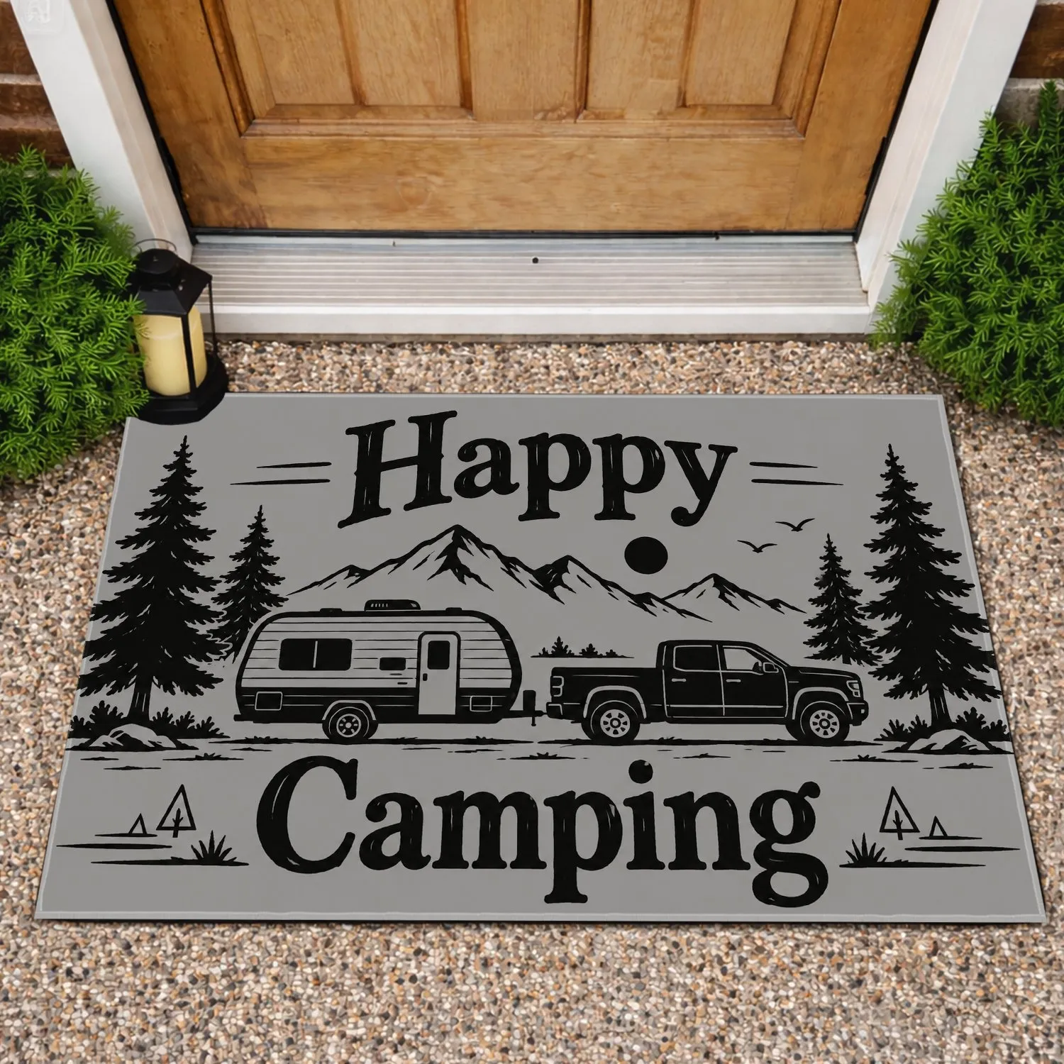 Happy Camping Camper Trailer And Pine Trees For Rustic Outdoor Adventure Enthusiasts Doormat - 1