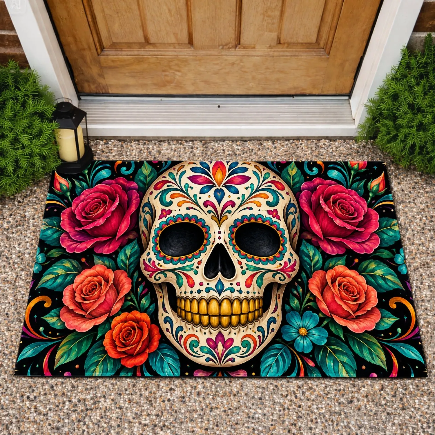 Vibrant Sugar Skull And Roses For Colorful Halloween And Year-Round Gothic Home Style Doormat - 1