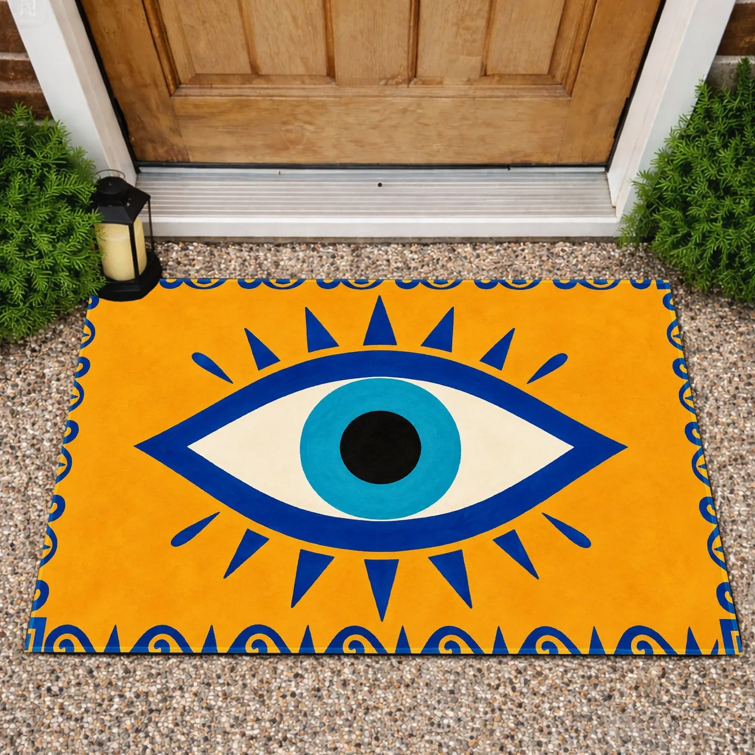 Cobalt Blue Eye Symbol with Folk Art Border for a Bold Colorful Entryway Home Doormat - 1