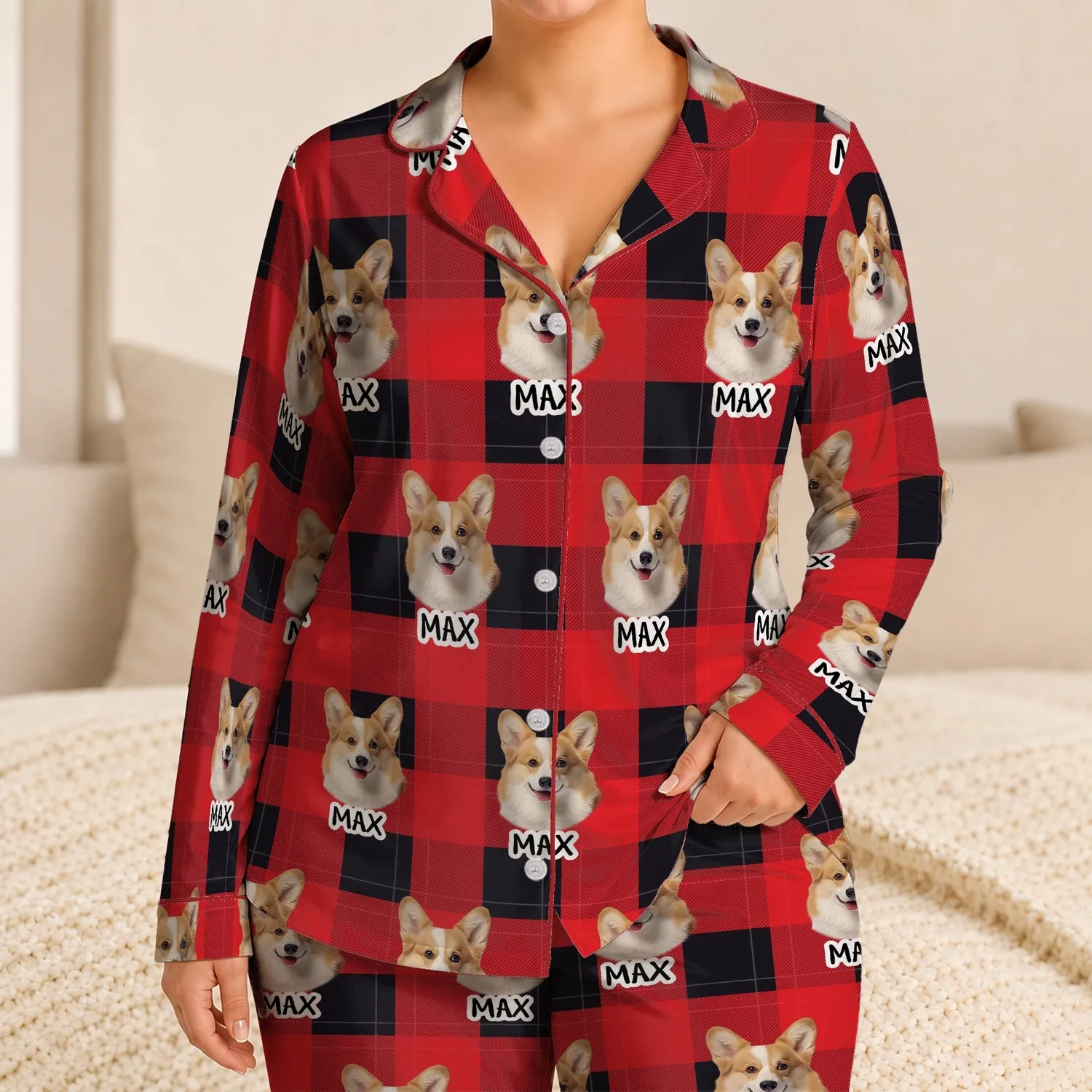 Personalized Pet Face Pajamas – Custom Dog & Cat Photo and Name, Buffalo Check & Tartan Satin Pajama Set Christmas Gift - 1