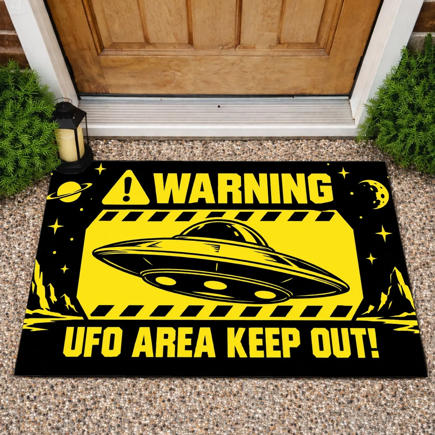 UFO Warning Zone With Retro Sci-Fi Alert Sign For Space Fans And Curious Visitors Doormat - 1