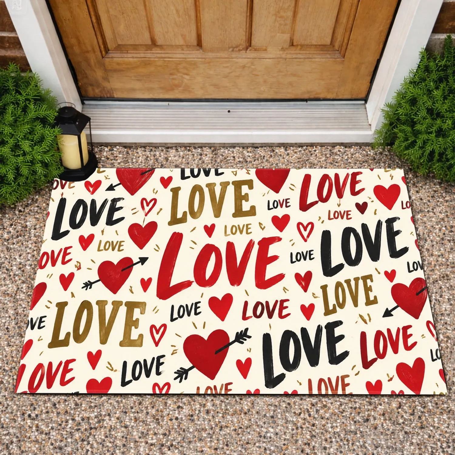 Scattered LOVE Lettering and Red Hearts for Romantic Valentine Home Entryway Decor Doormat - 1