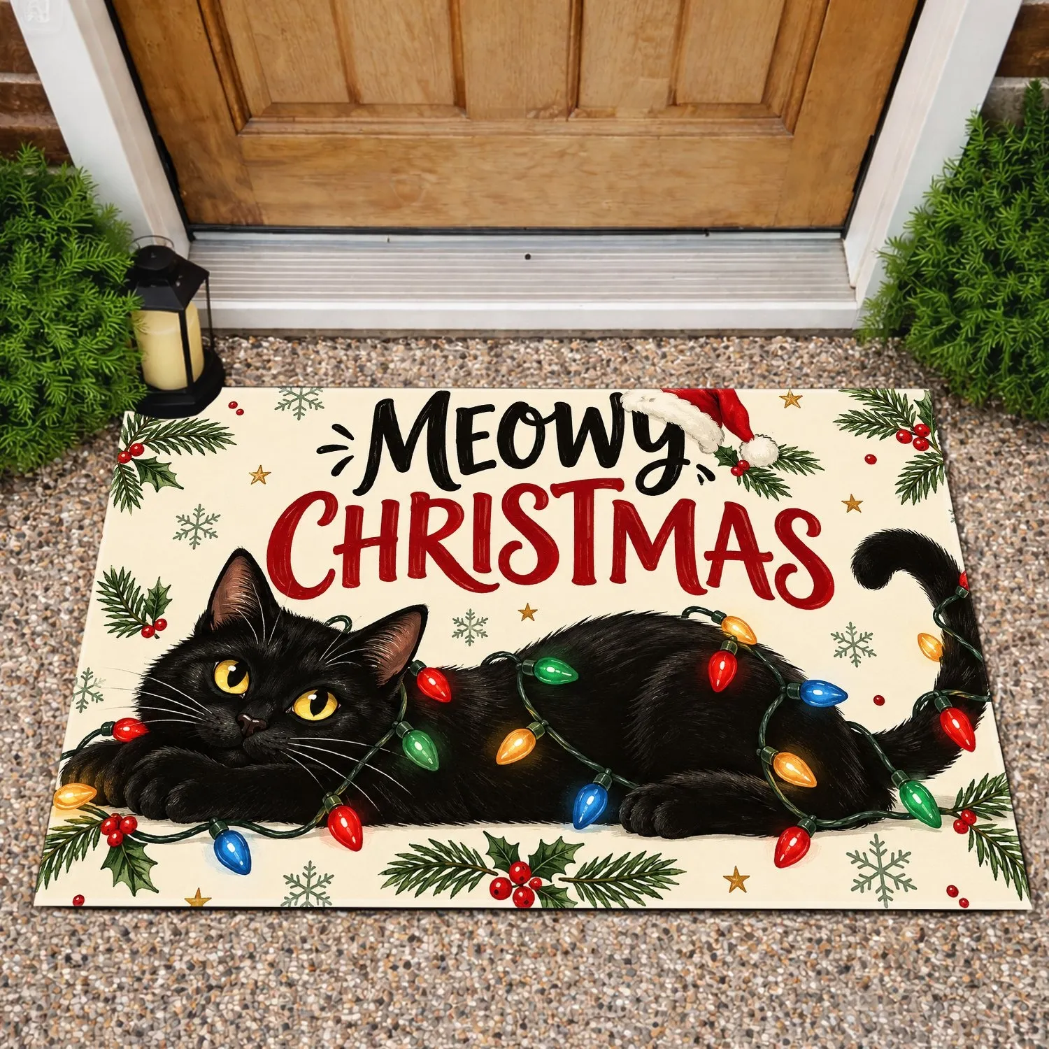 Playful Black Cat Tangled in Christmas Lights for Festive Holiday Cheer at Home Doormat - 1