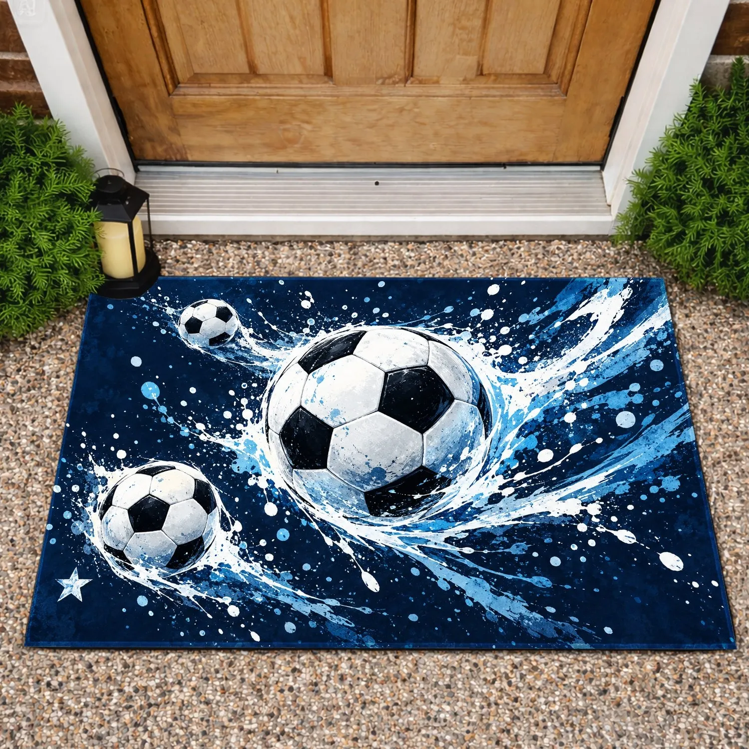 Dynamic Soccer Ball Splash in Midnight Blue for Game Day Fans and Young Athletes Doormat - 1
