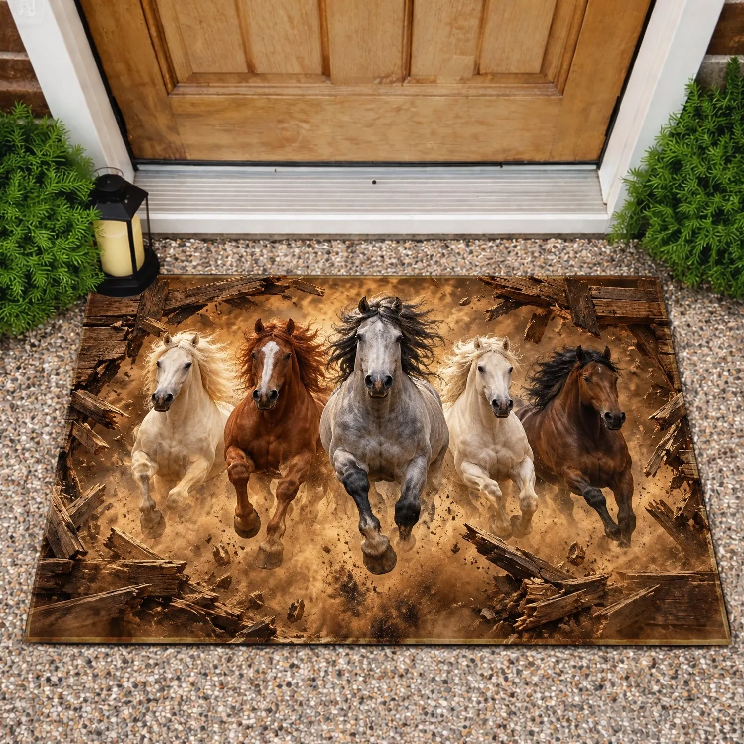 Five Galloping Horses Breaking Through Timber, A Bold Rustic Accent For Horse Lovers Doormat - 1