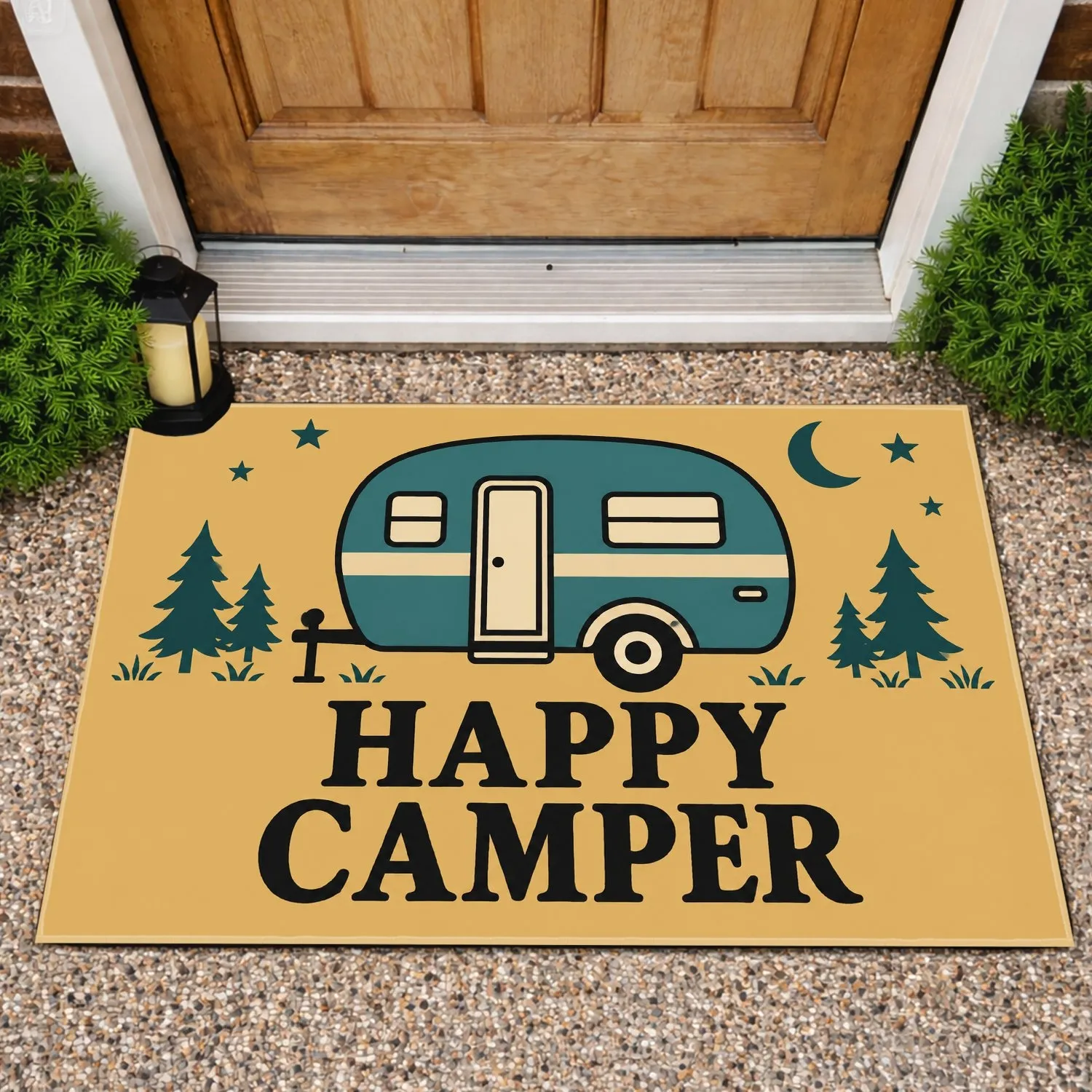 Teal Camper Trailer and Happy Camper Saying for Camping Enthusiasts and Outdoor Lovers Doormat - 1