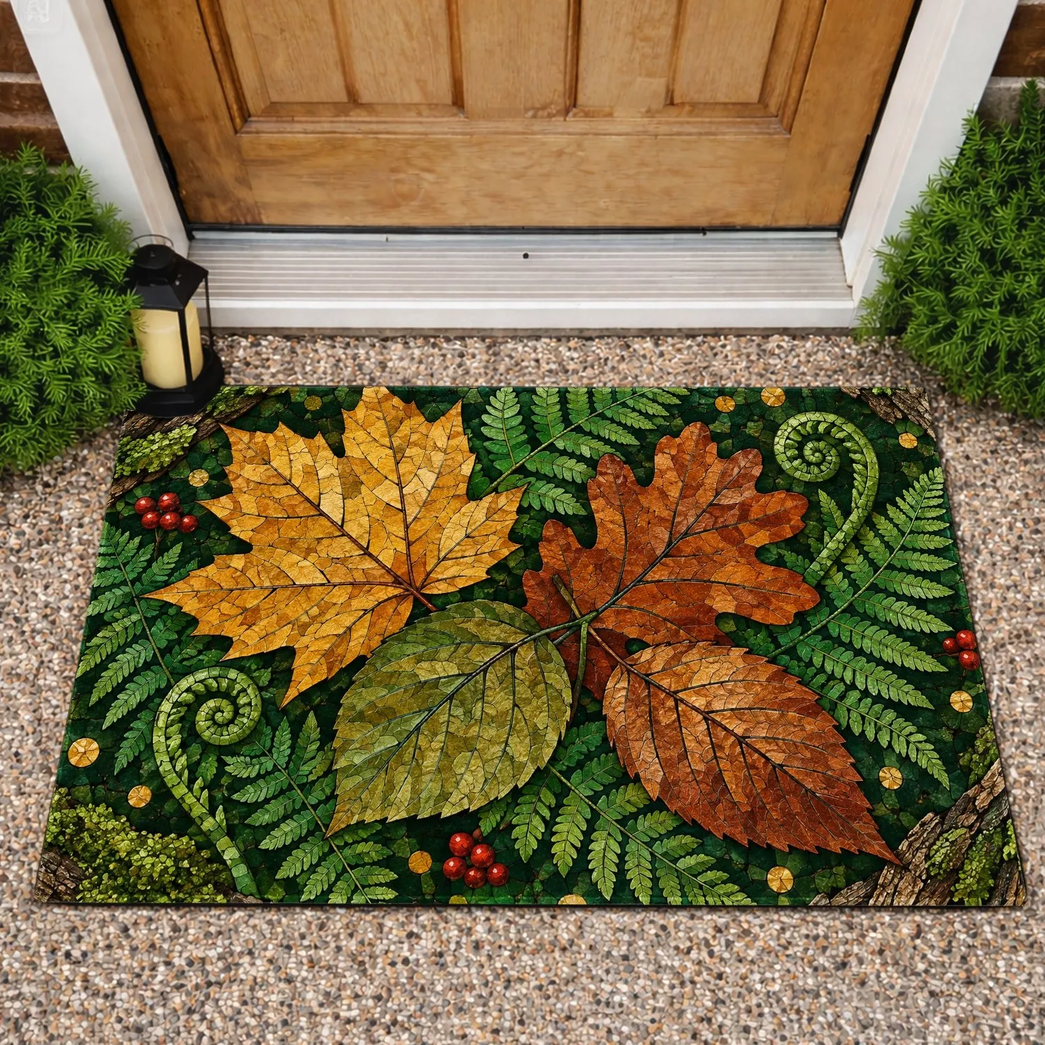 Forest Fern And Golden Oak Leaves For Woodland Inspired Entryways And Nature Lovers Doormat - 1