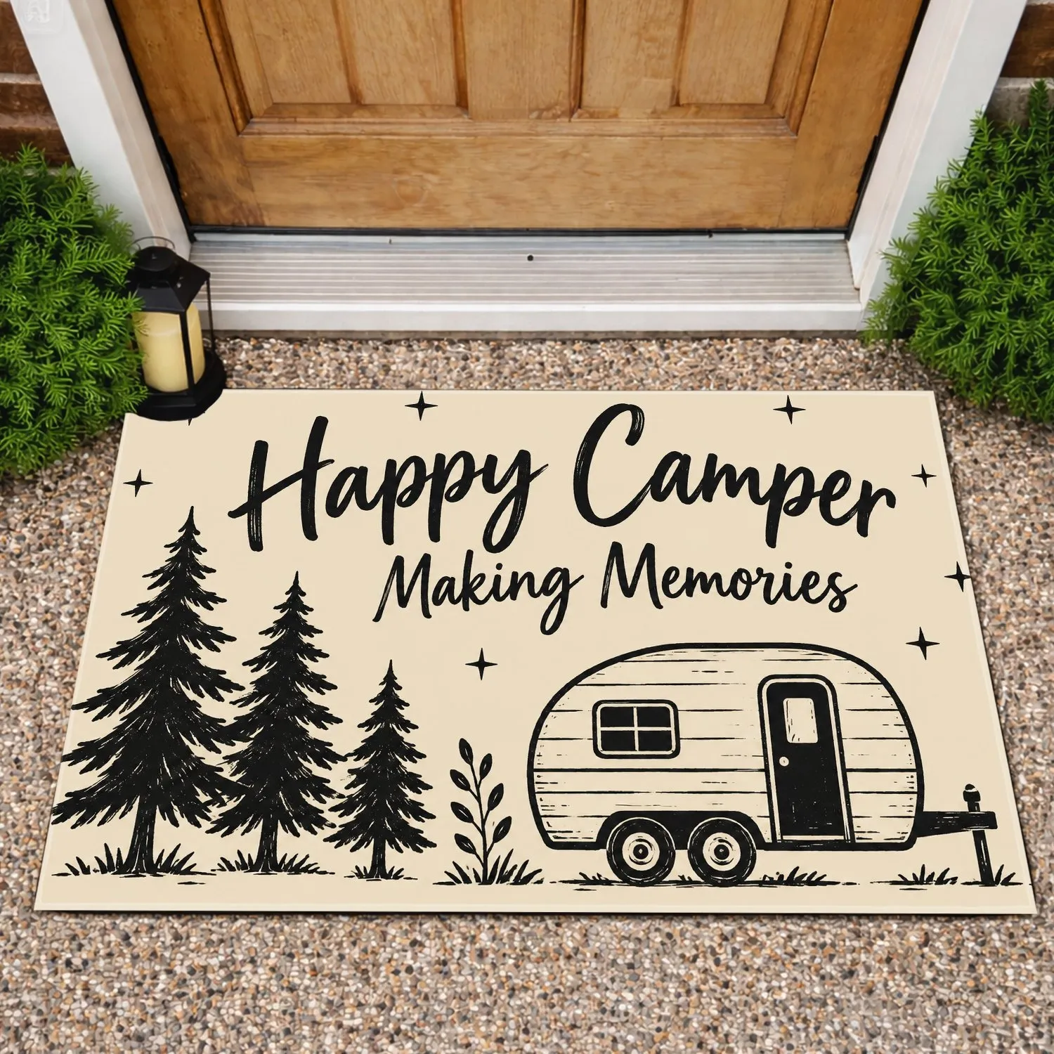 Evergreen Trees And Camper Trailer For Happy Family Camping Adventures Doormat - 1