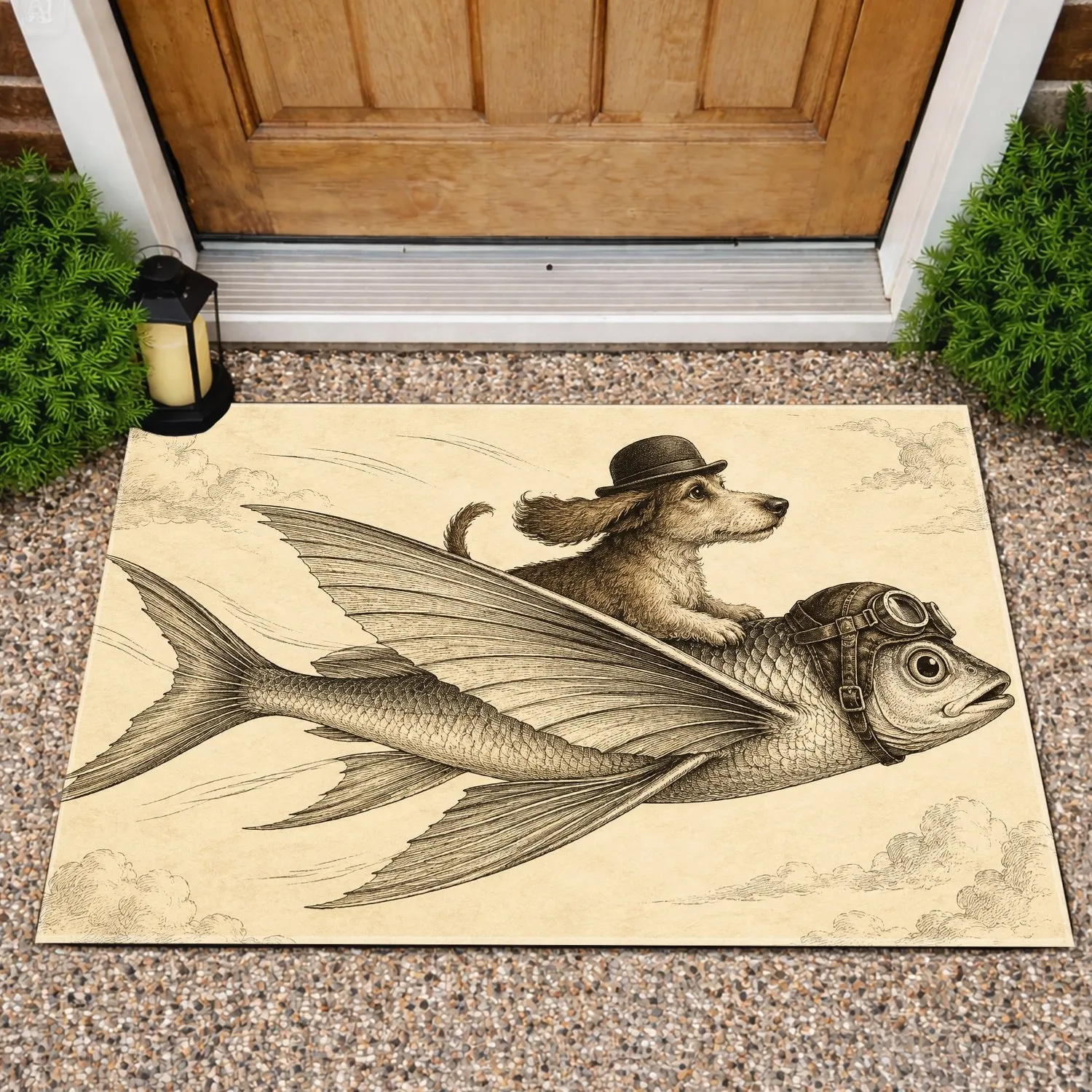 Vintage Flying Fish and Bowler-Hat Dog for Whimsical Entryway Style in Eclectic Homes Doormat - 1