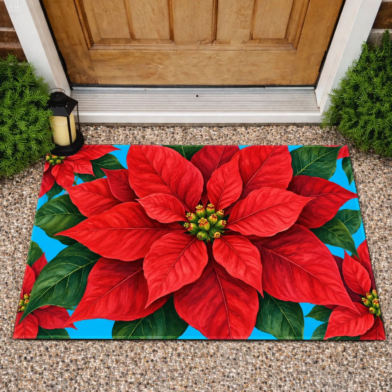Red Poinsettia on Bright Blue for Christmas Cheer and Festive Seasonal Entryway Style Doormat - 1