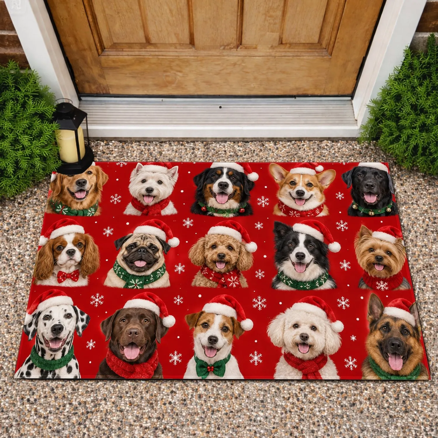 Christmas Dogs in Santa Hats for Festive Holiday Homes, Pet Lovers and Holiday Cheer Doormat - 1