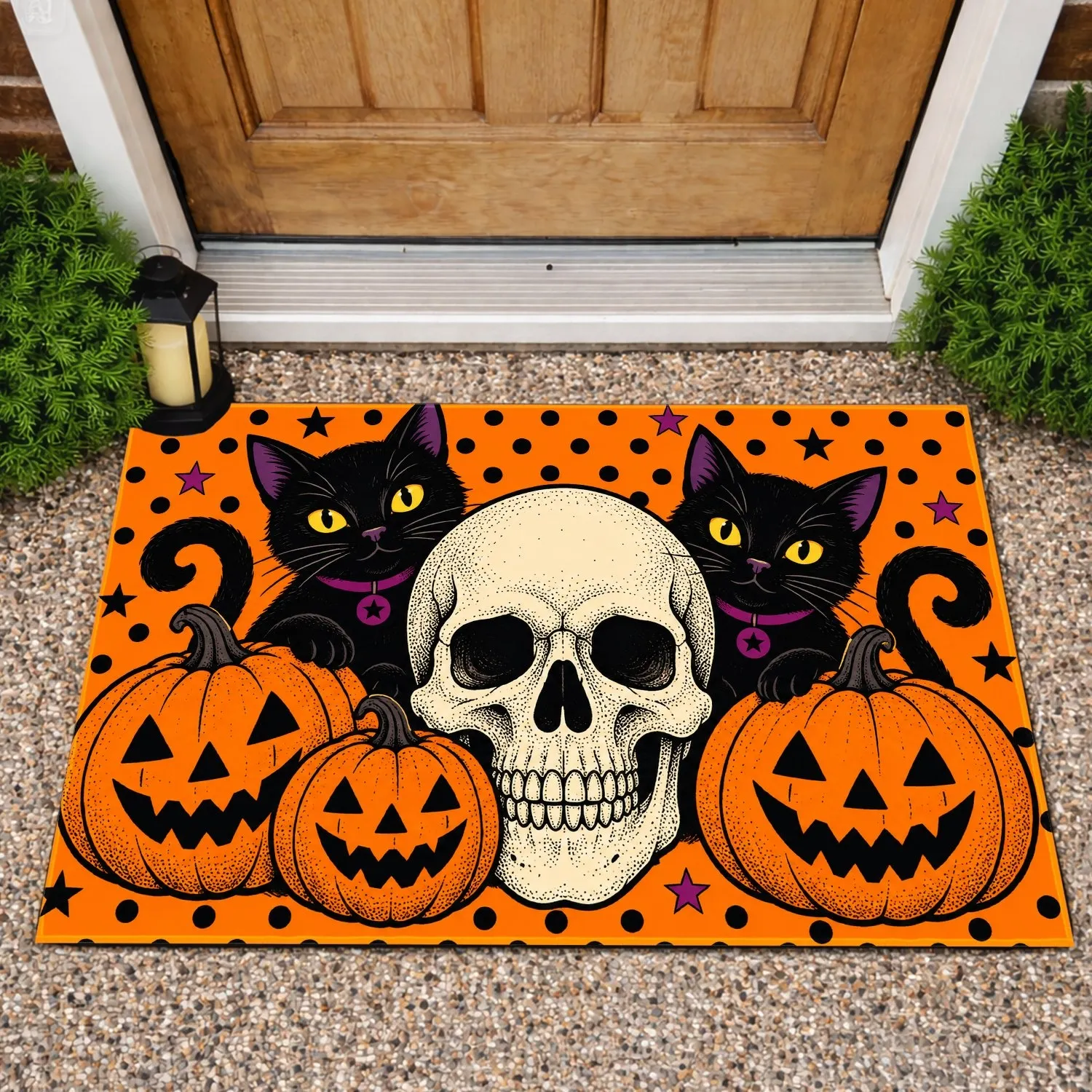 Skull, Black Cats And Jack O'Lanterns For Spooky Halloween Porch And Autumn Celebrations Doormat - 1