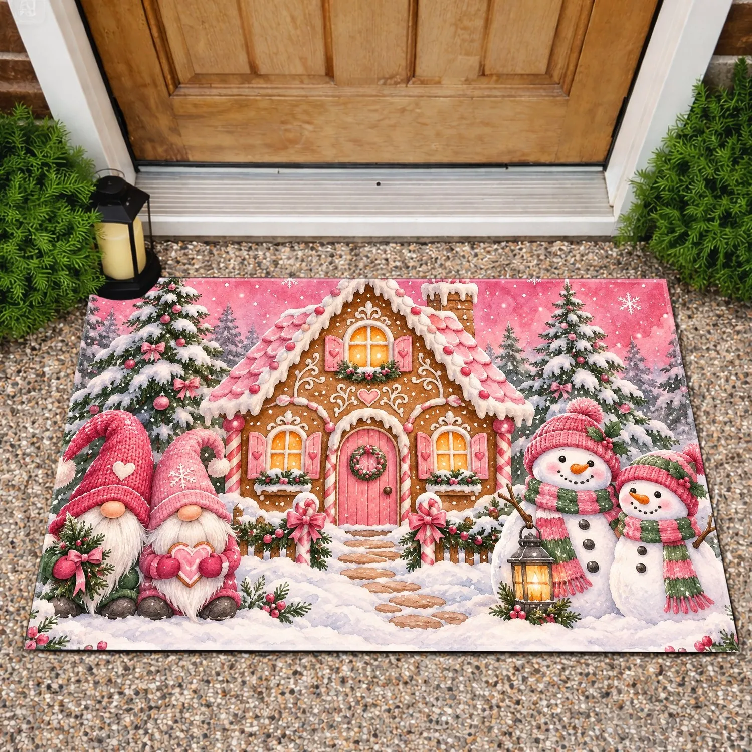 Pink Gingerbread House with Gnomes and Snowmen for Cozy Christmas Winter Cheer Doormat - 1