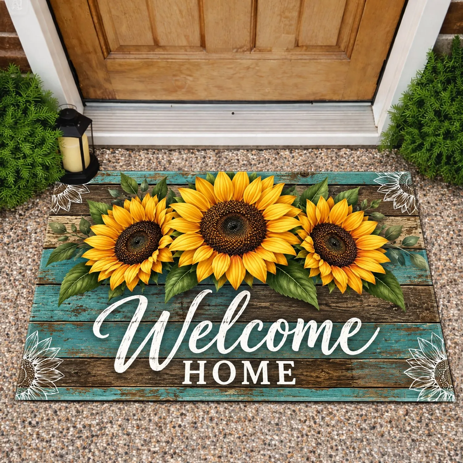 Turquoise Sunflowers Welcome Home Rustic Farmhouse Entryway Country House Style Doormat - 1